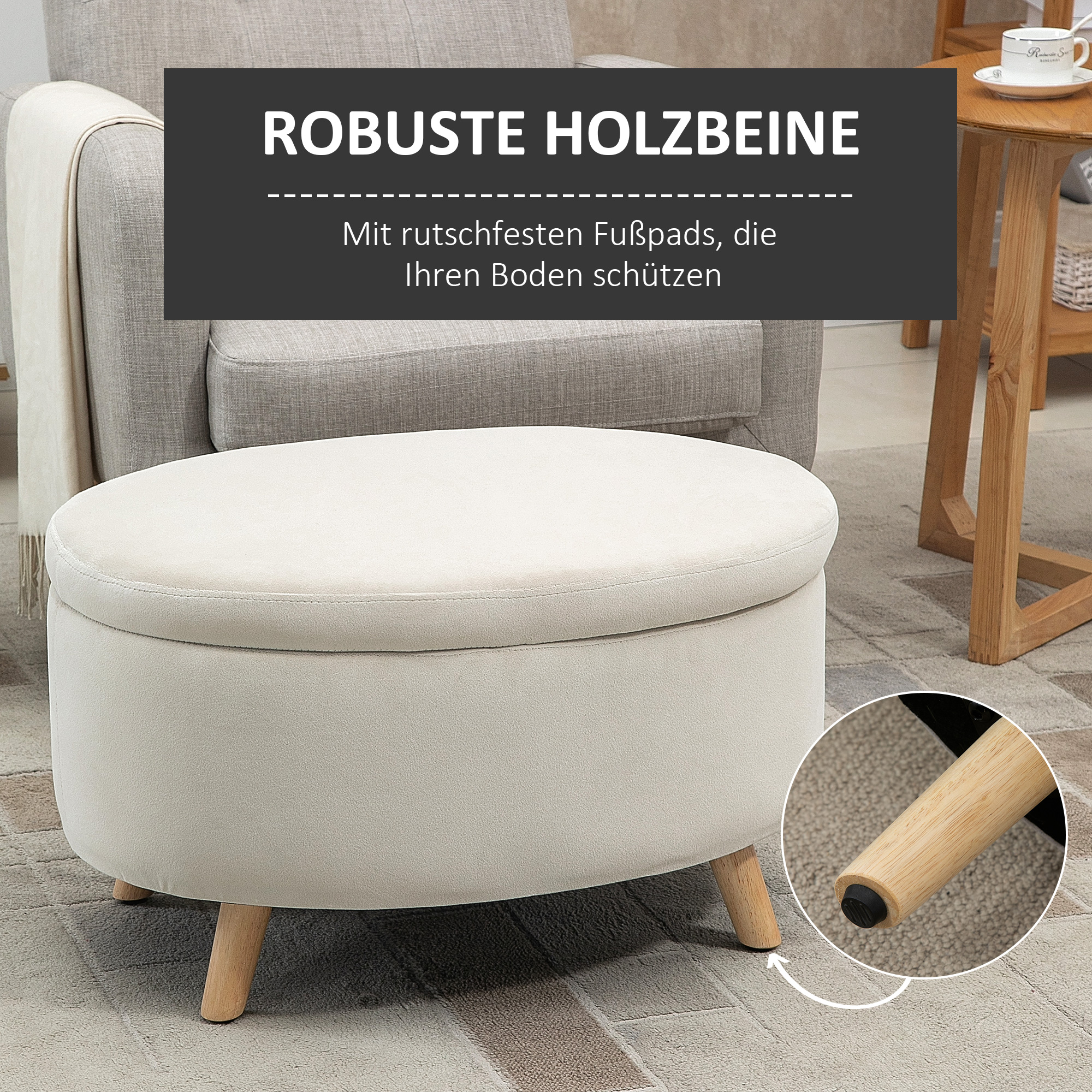 Säilytyslaatikollinen istuinpenkki, ovaali muoto, samettimainen pinta, beige, 71 x 51,5 x 42 cm - Image 6
