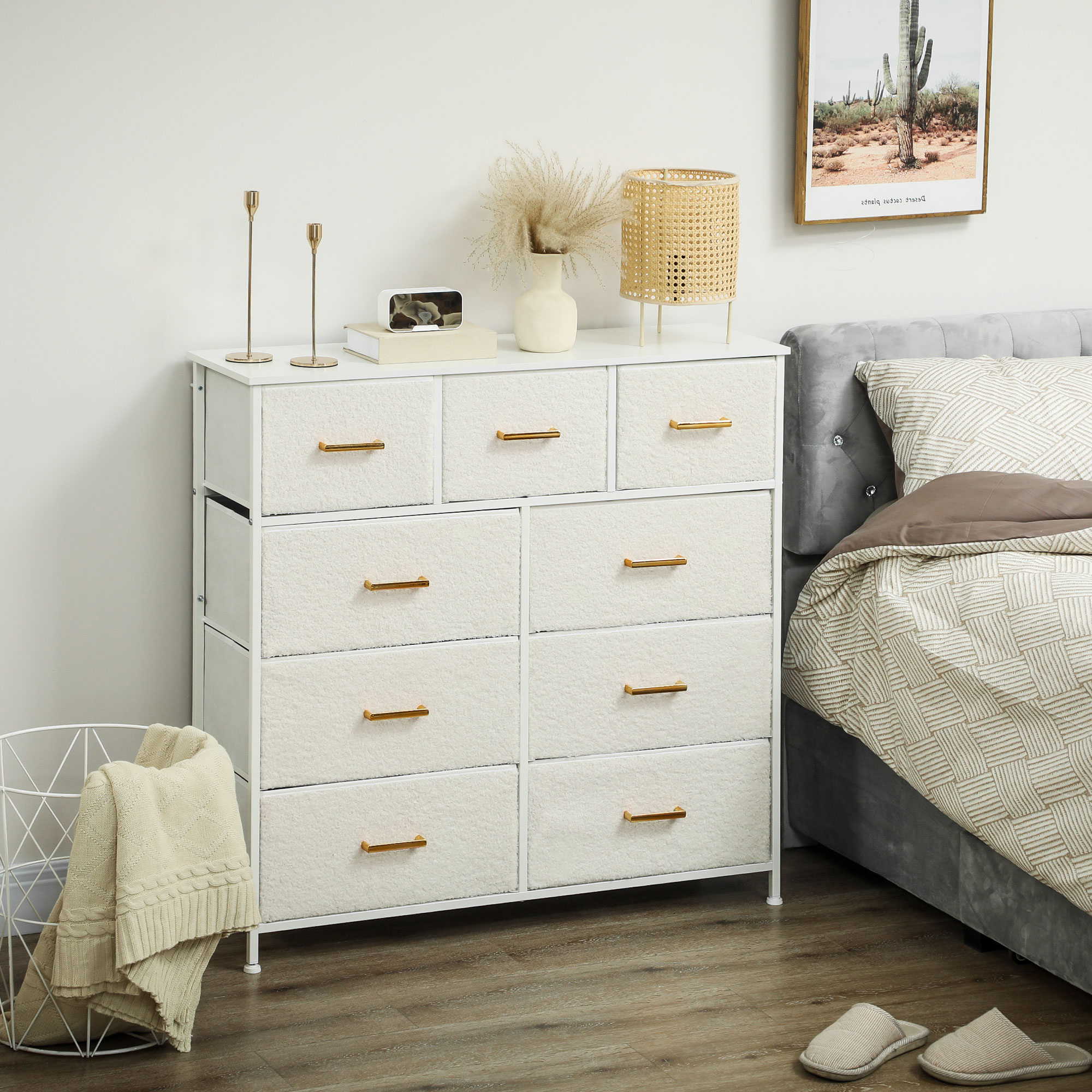 Auduma kumode ar 9 atvilktnēm, tērauda rāmis, krēmbalta, 100 x 30 x 99 cm - Image 2