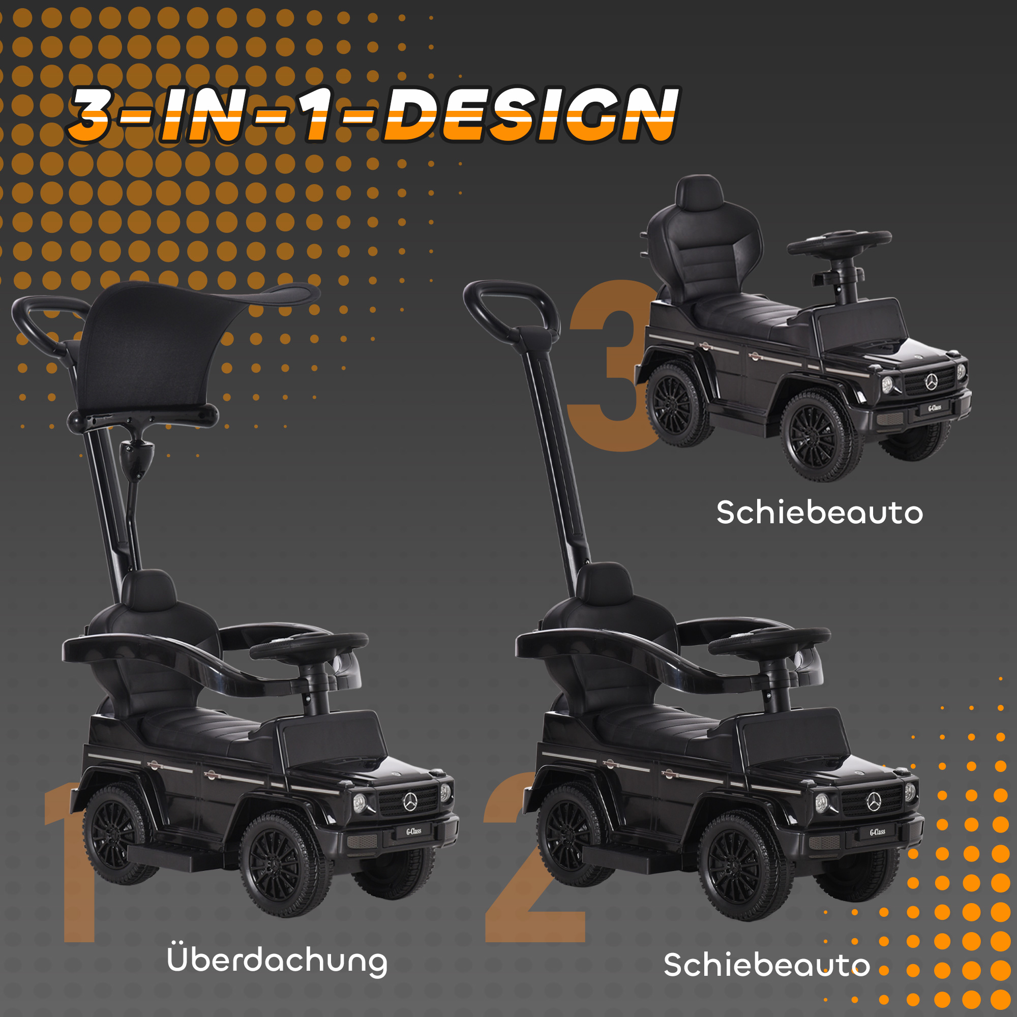Mercedes-Benz G350 stumiamas važiuoklės automobilis su vairu, 3 viename, juodas, 85,5 x 40,5 x 95 cm - Image 4