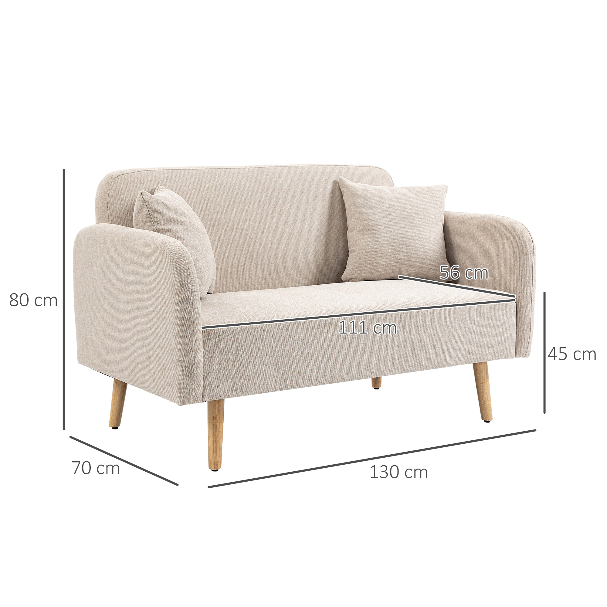 2-istuttava sohva 2 tyynyllä, puiset jalat, kermanvärinen, 130 x 70 x 80 cm - Image 3