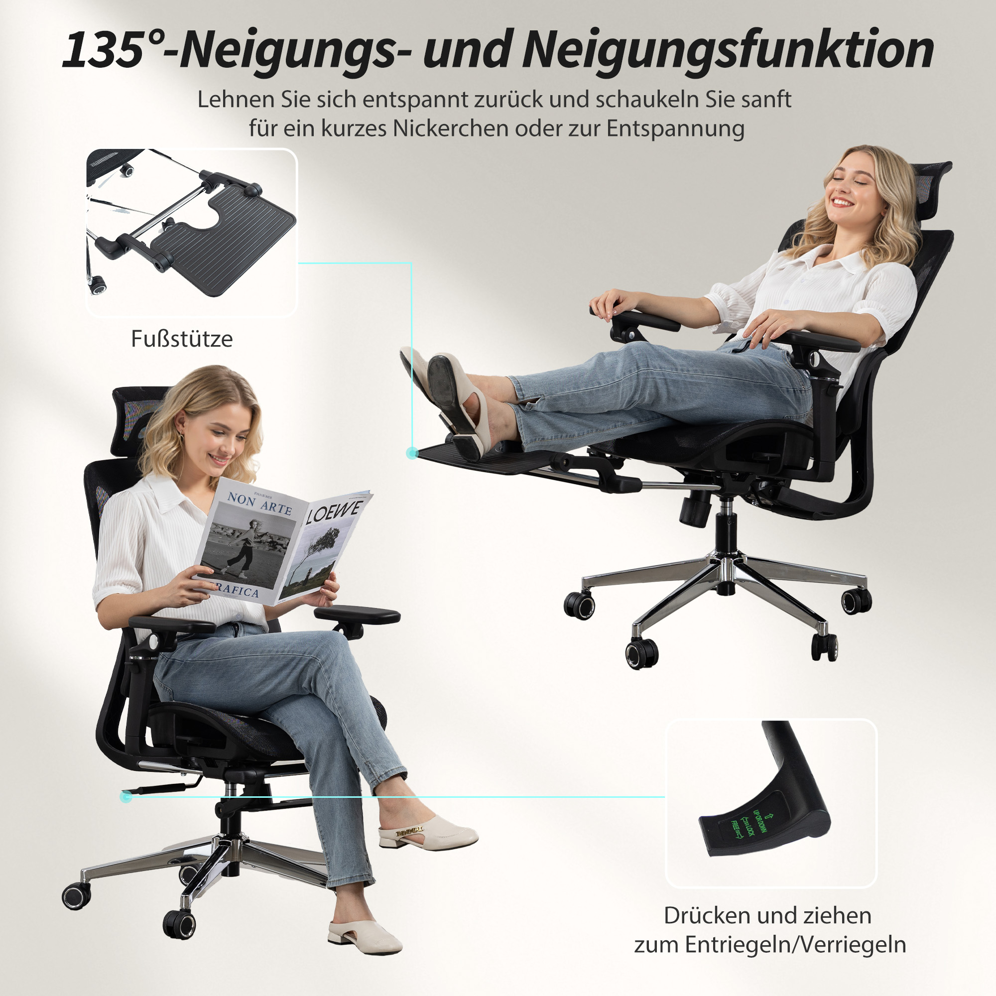 Ergonomisks biroja krēsls ar kāju balstu, sieta audums, melns, 67 x 71 x 114-133 cm - Image 8