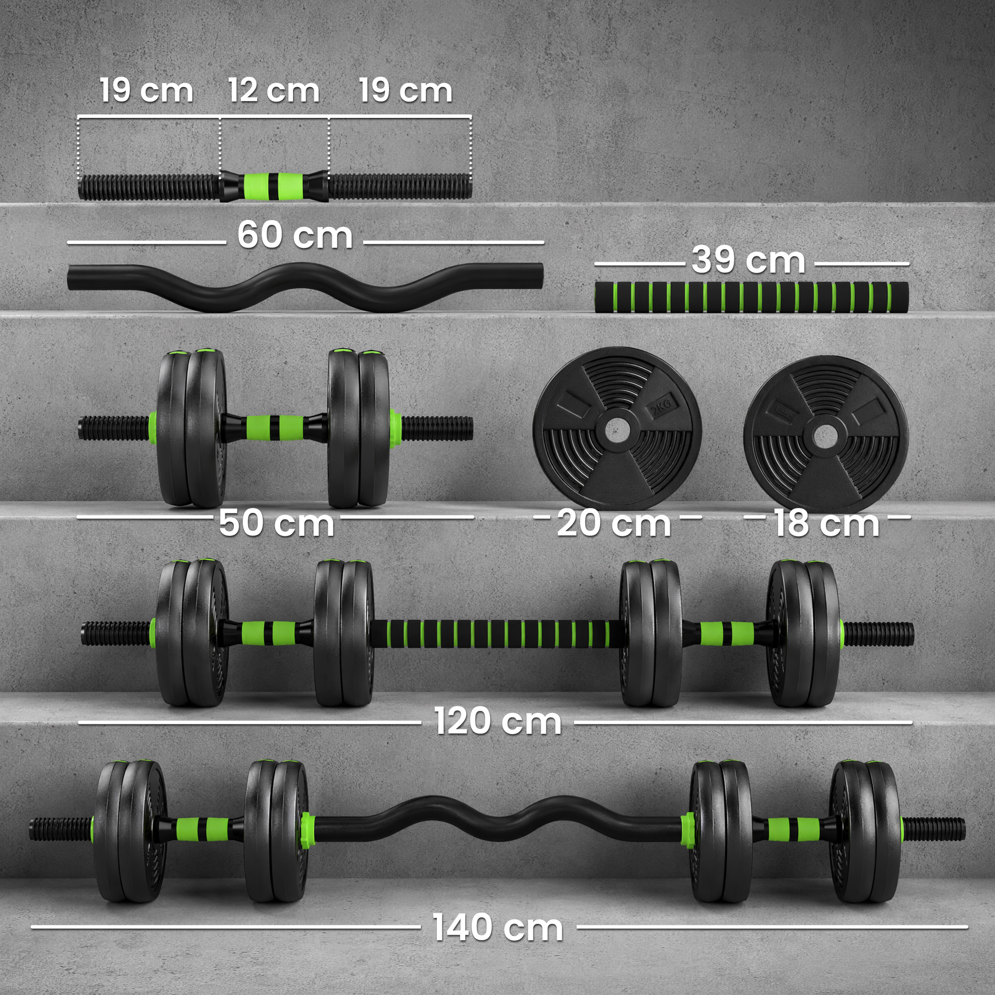 Reguleeritav hantli- ja kangikomplekt, 15 kg, 3-ühes, roheline - Image 3
