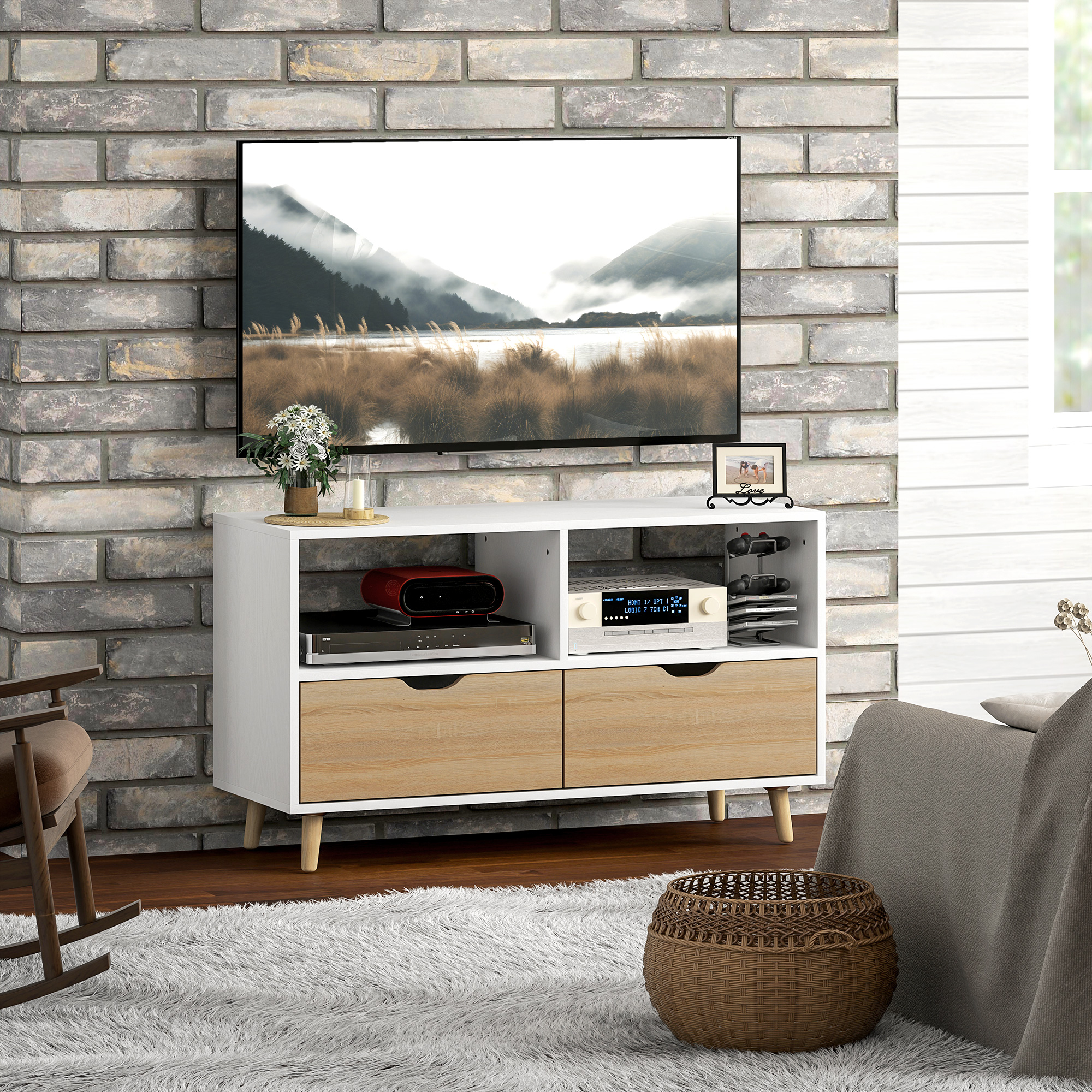 TV spintelė su stalčiais ir atviromis lentynomis, balta, 99 x 39 x 58,3 cm - Image 8