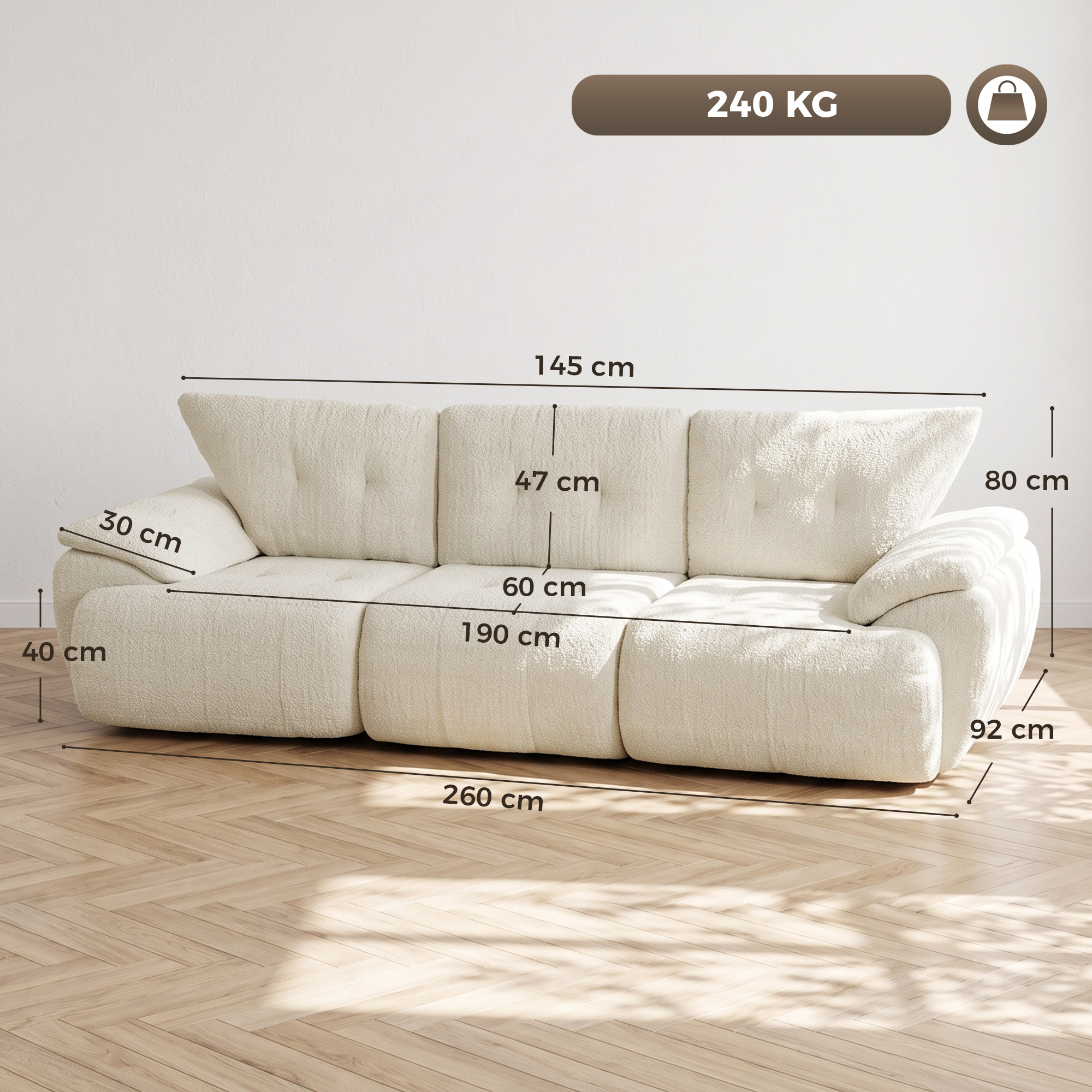 3-kohaline diivan, 260 cm, šenill, raamita mooduldiivan, kreemvalge - Image 3