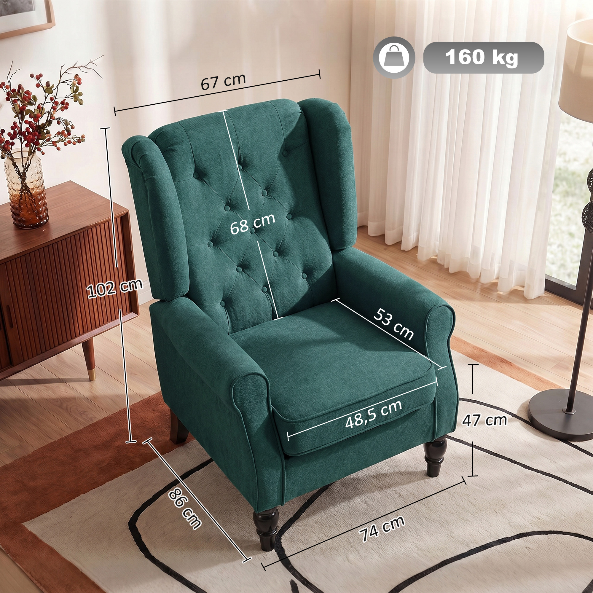 Elegantiškas fotelis su storu paminkštinimu, nuimamas užvalkalas, tamsiai žalias, 74 x 86 x 102 cm - Image 3