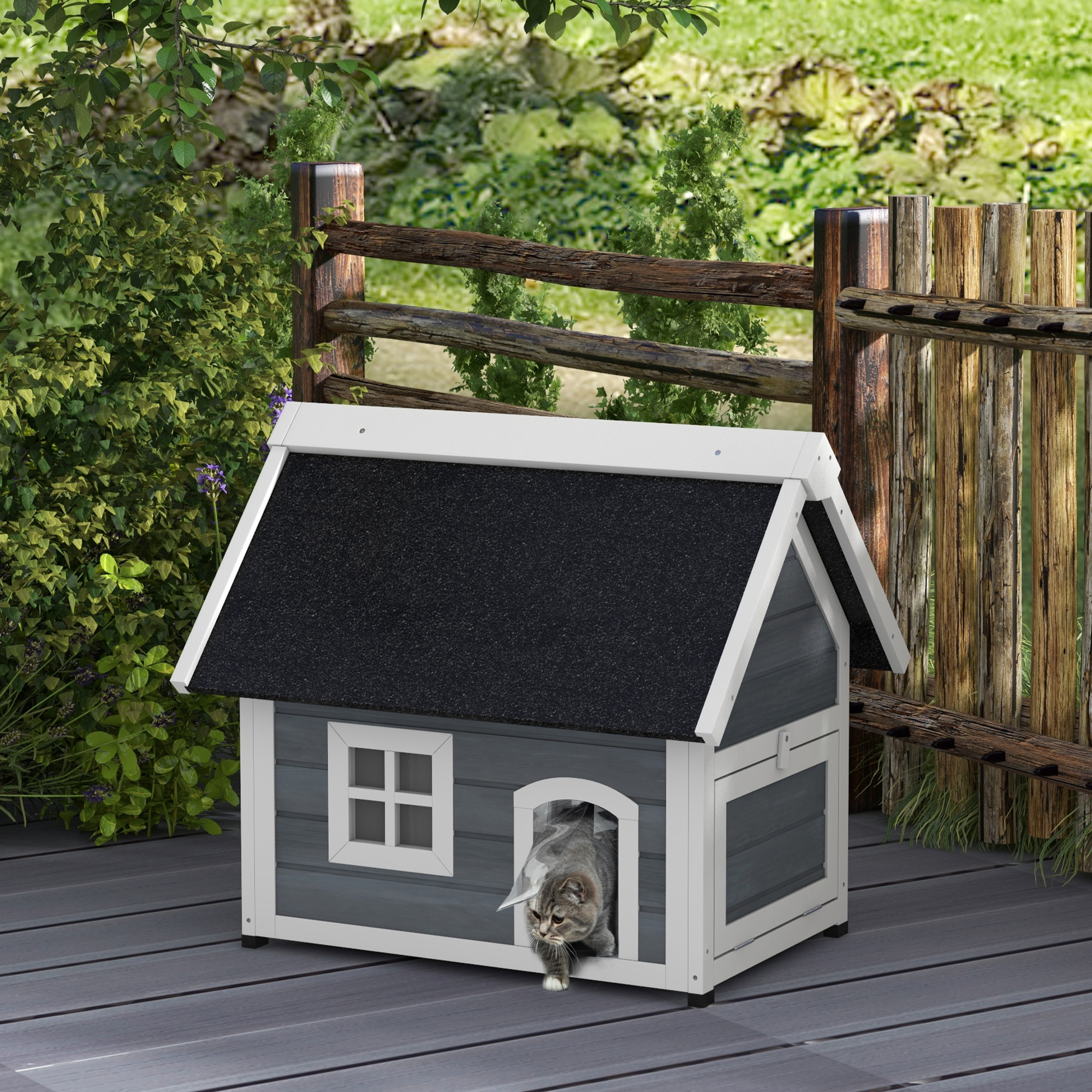 Katzenhaus, izturīgs pret laikapstākļiem, ar logu, 77 x 57,5 x 68 cm, pelēks/balts/melns - Image 2