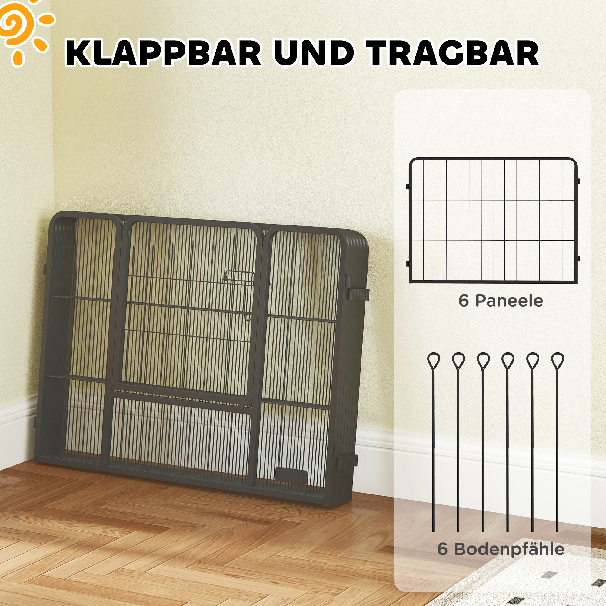 Suņu sētiņa, mājdzīvnieku norobežojums, 6 paneļi, tērauds, salokāma, pelēka - Image 6