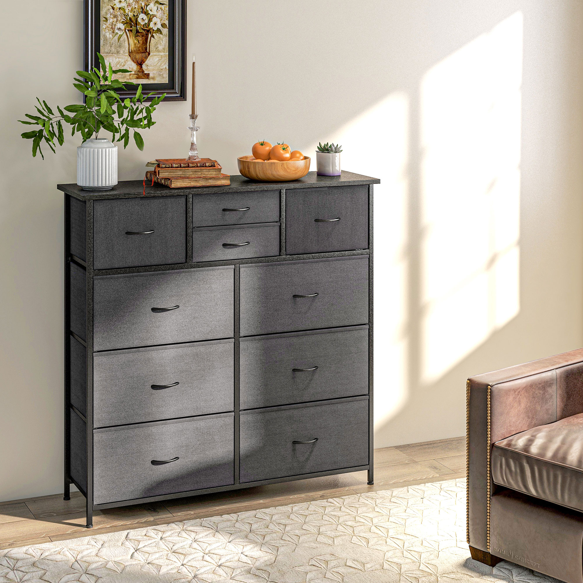 Komode–sidenis ar auduma atvilktnēm, 10 nodalījumi, metāla rāmis, 100 x 30 x 100 cm, melna - Image 7