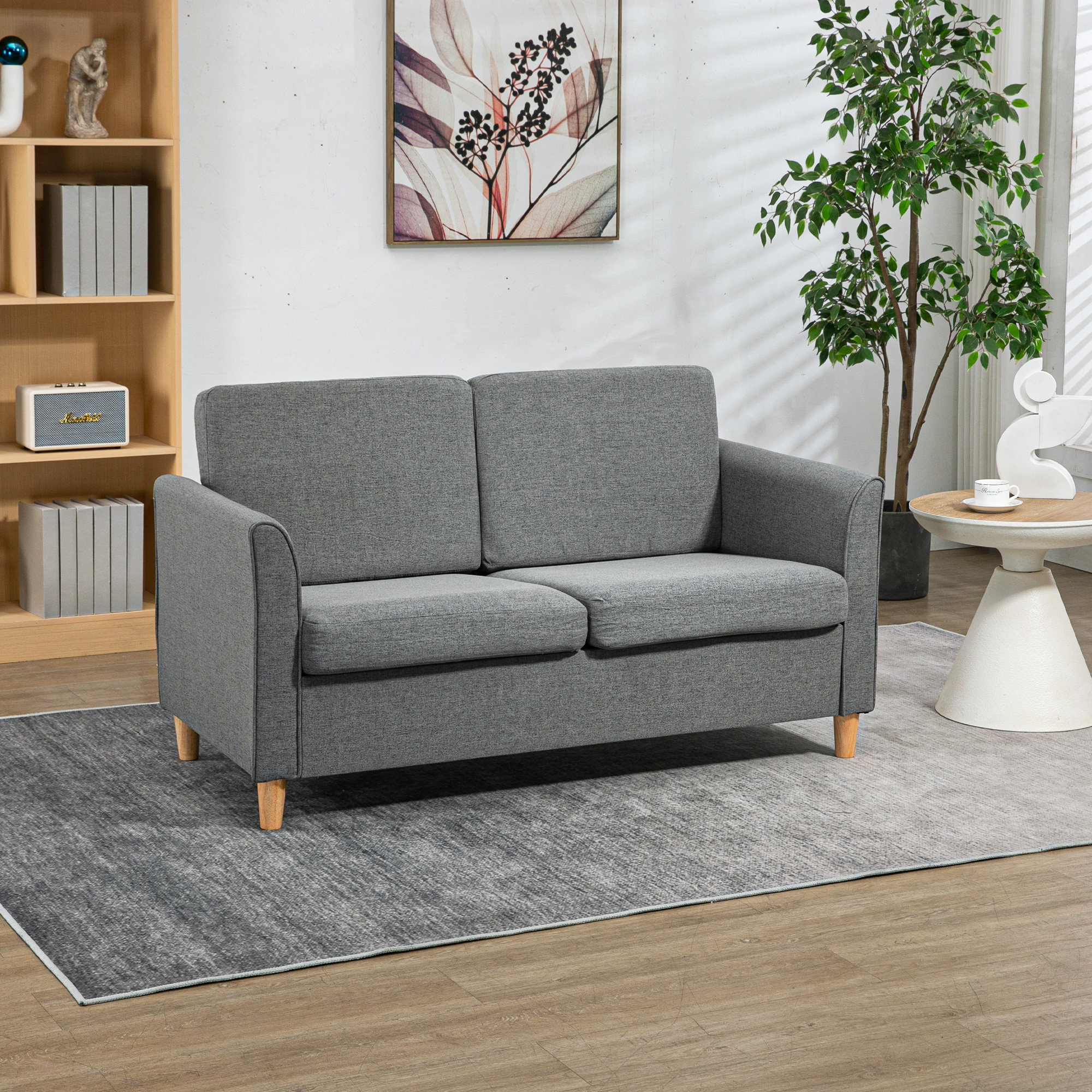Dvivietė sofa, pilka, lino išvaizdos audinys, medinės kojos, 141 x 70 x 78 cm - Image 2