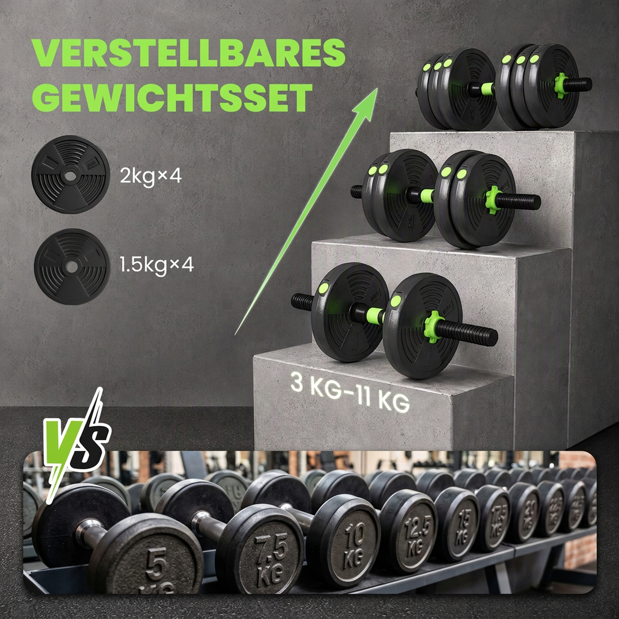 Reguleeritav hantli- ja kangikomplekt, 15 kg, 3-ühes, roheline - Image 5