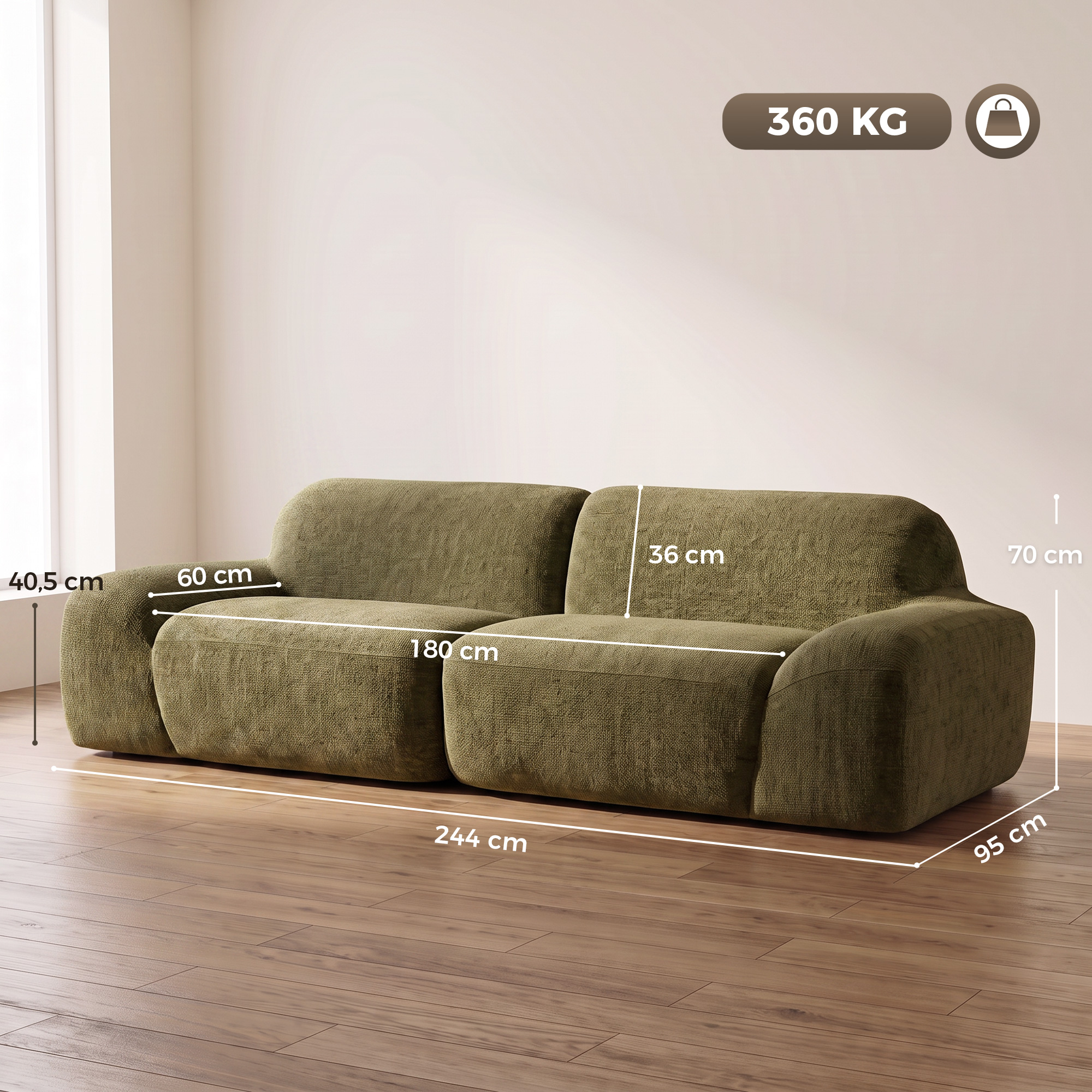 Trivietė sofa, apvali, berėmė, tamsiai žalia, 244 x 95 x 70 cm - Image 3