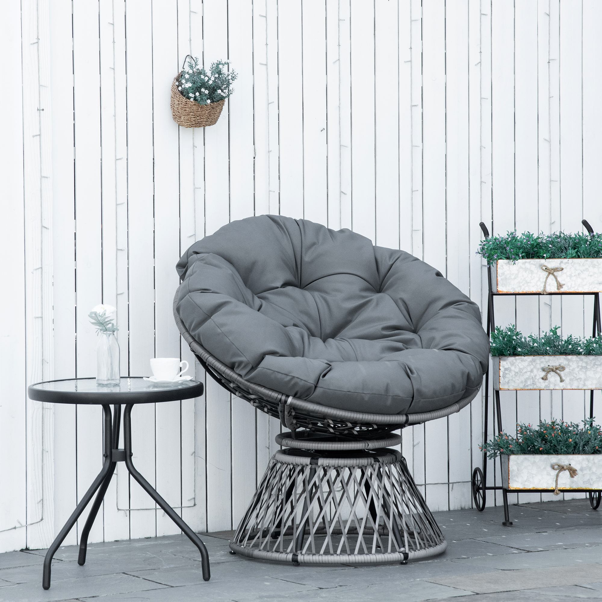 Papasan tipa krēsls ar spilvenu, grozāms 360°, PE rotangs, pelēks, 87 x 97 x 86 cm - Image 2