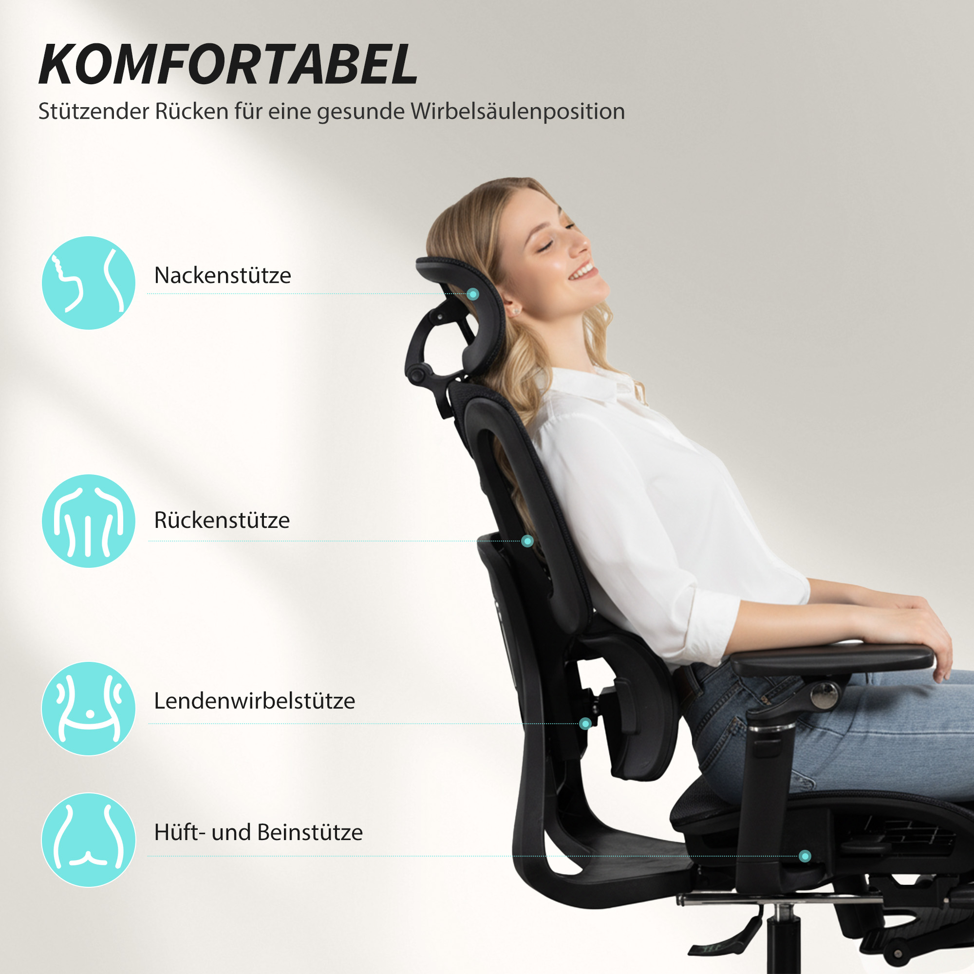 Ergonomisks biroja krēsls ar kāju balstu, sieta audums, melns, 67 x 71 x 114-133 cm - Image 4