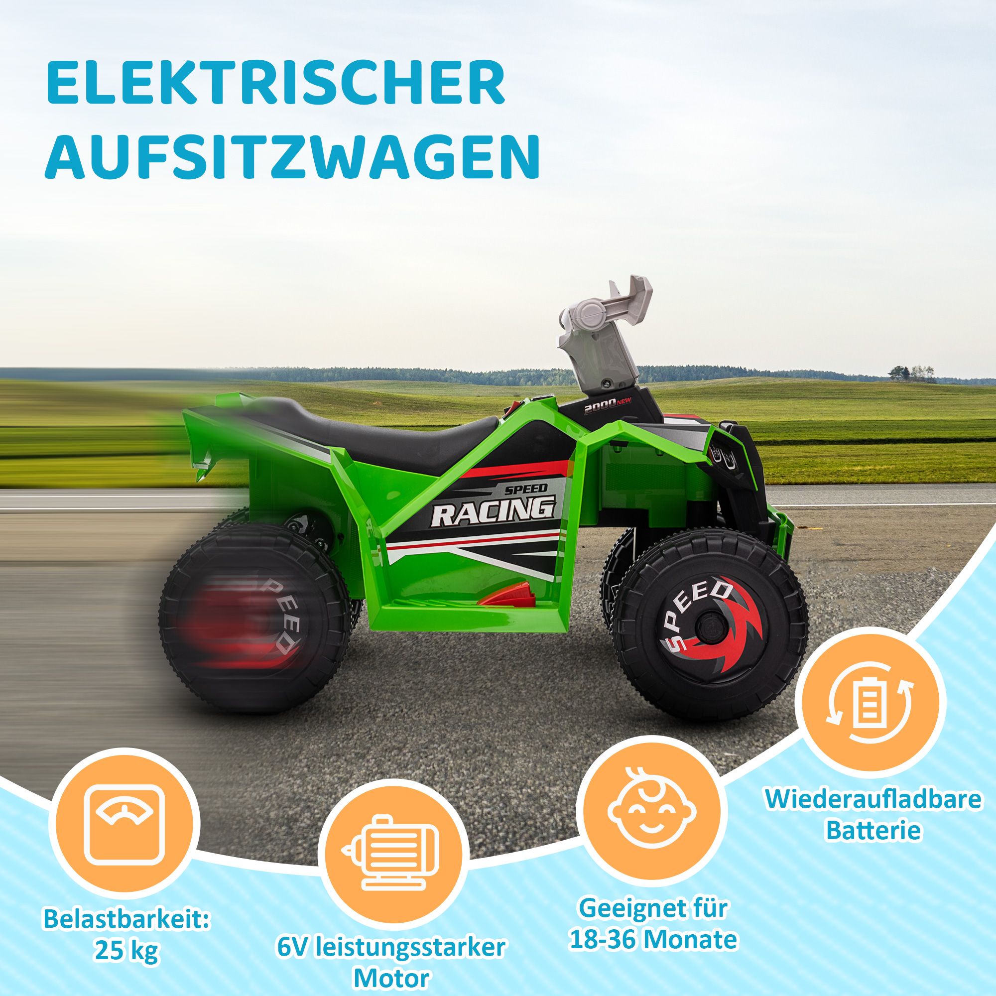 Elektrisks bērnu kvadracikls, 2,5 km/h, braukšana uz priekšu un atpakaļ, zaļš, 18–36 mēn. - Image 6