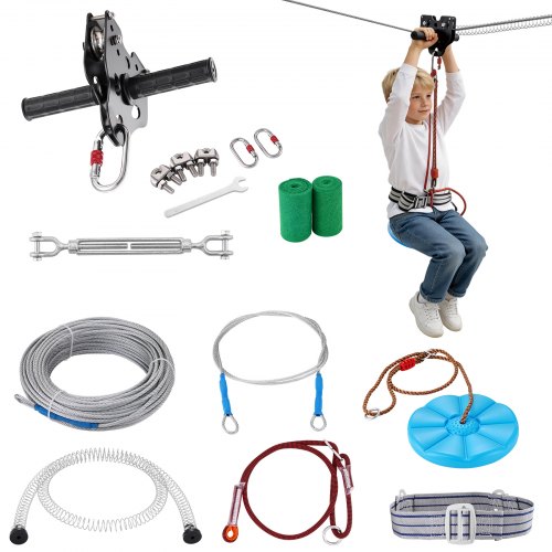 Laste ja täiskasvanute zipline-komplekt, 30,48 m, kuni 227 kg, roostevabast terasest liugur, pidurivedru, turvarakmed ja iste