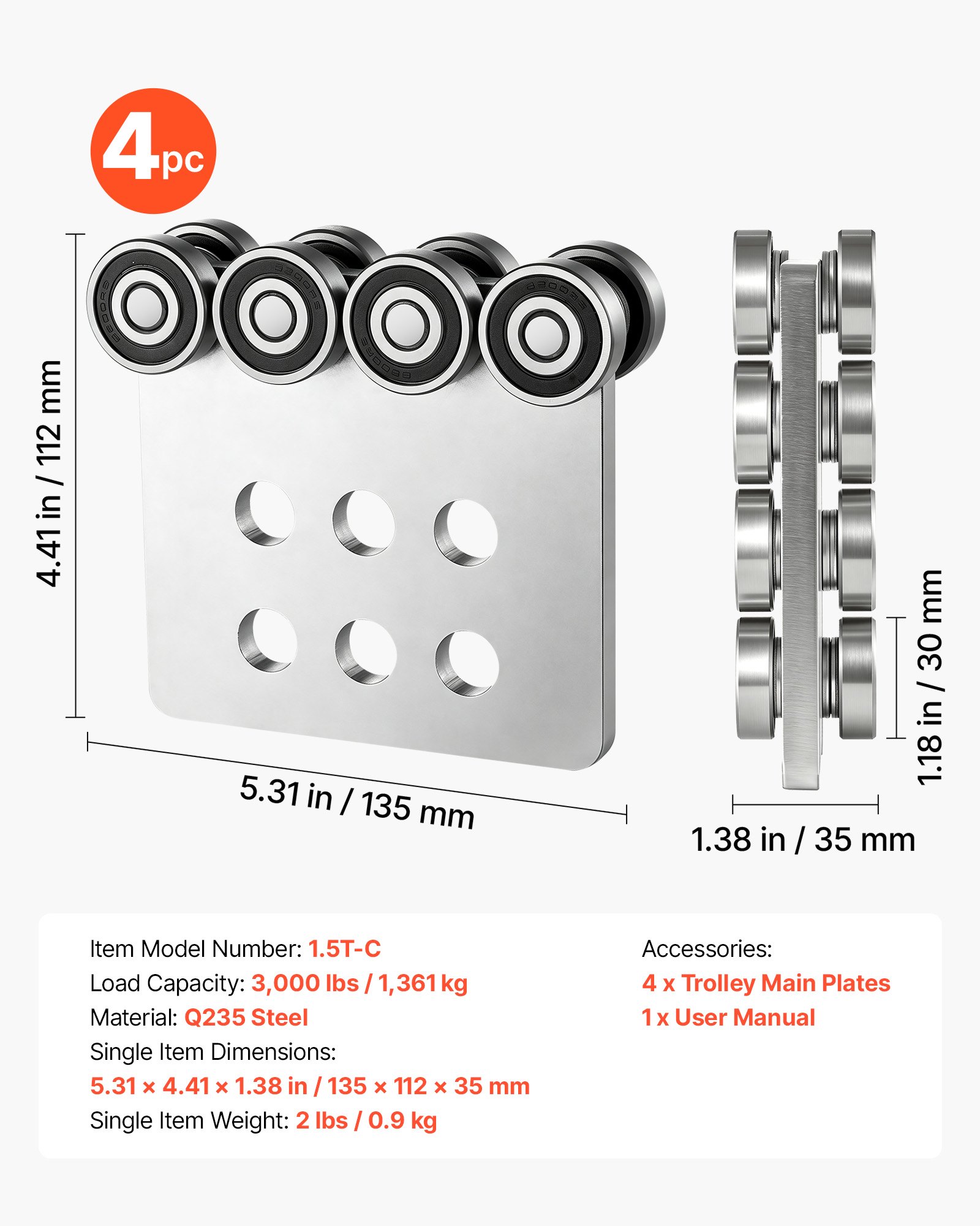 Ratiņu rullīšu komplekts, 4 gab., 1361 kg, Q235 tērauds, 14 x 11 x 4 cm - Image 8