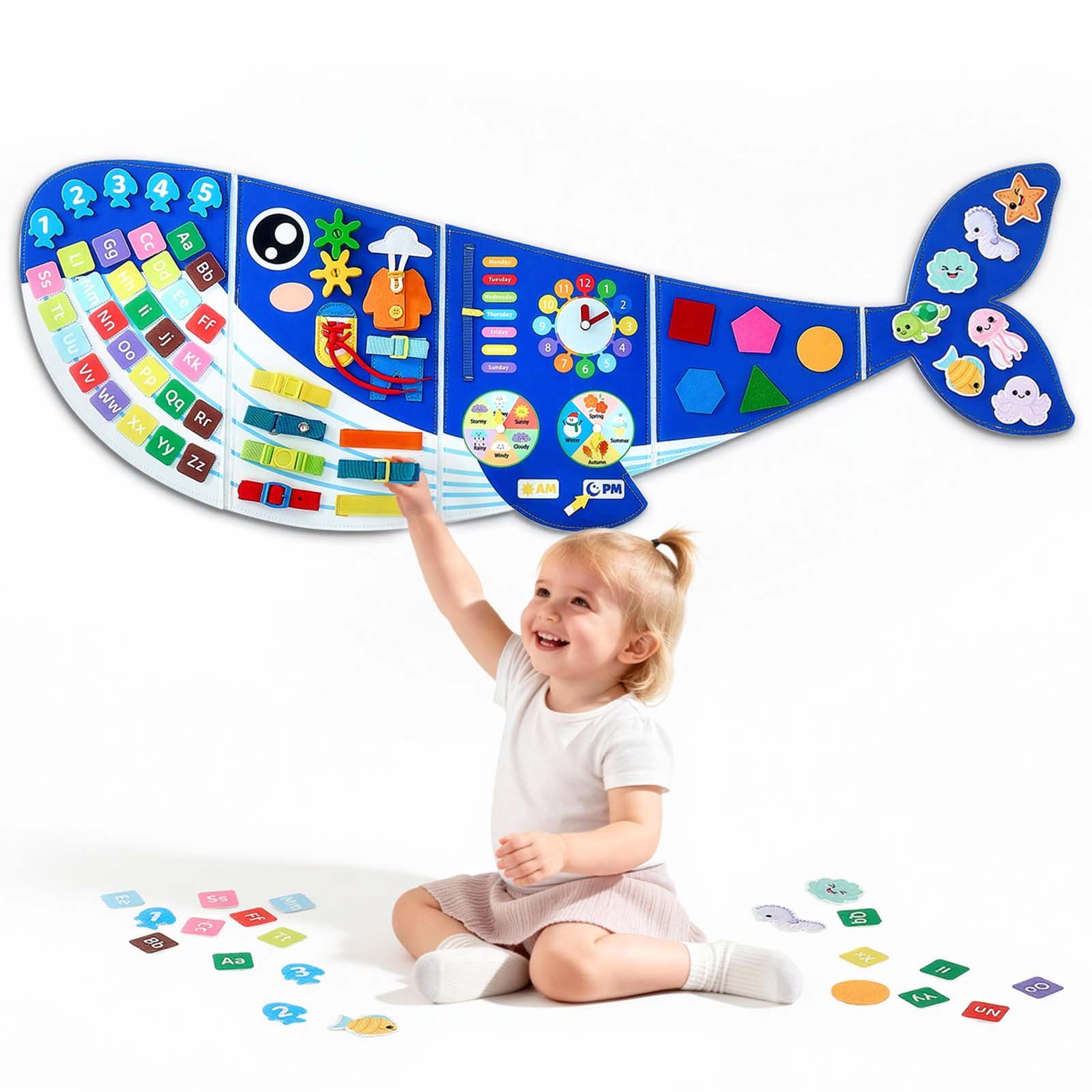 Sulankstoma sieninė veiklų lenta iš veltinio, banginio forma, 12 viename, 120 x 42,4 cm - Image 2