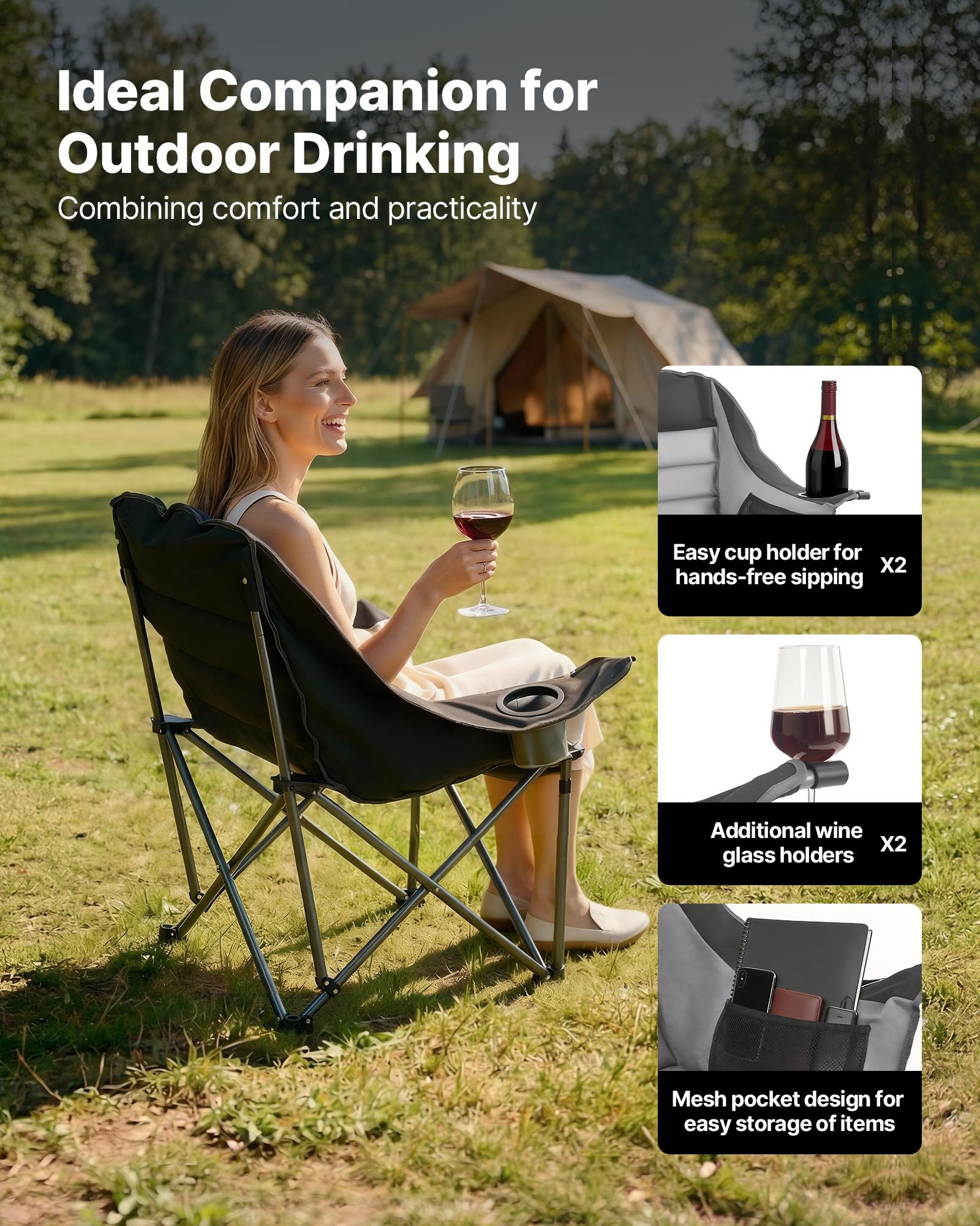 Liela izmēra kempinga krēsls, 204 kg nestspēja, salokāms polsterēts krēsls, melns un pelēks, 1 iepakojums - Image 6