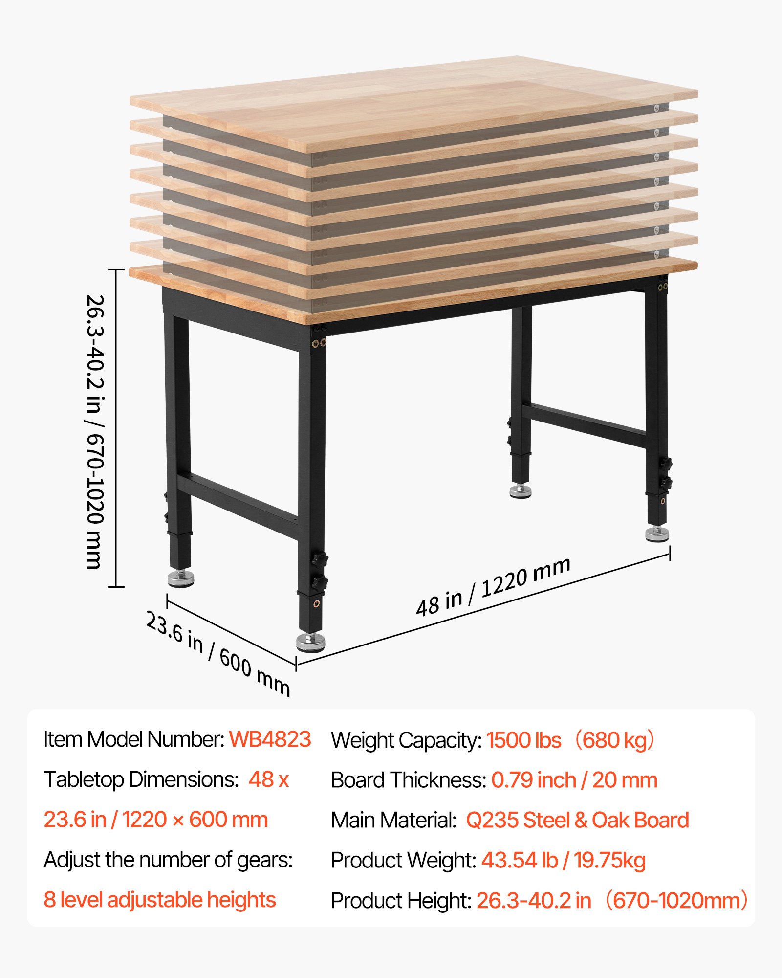 Regulējams darba galds, 680 kg nestspēja, 122 x 60 cm ozolkoka virsma - Image 8
