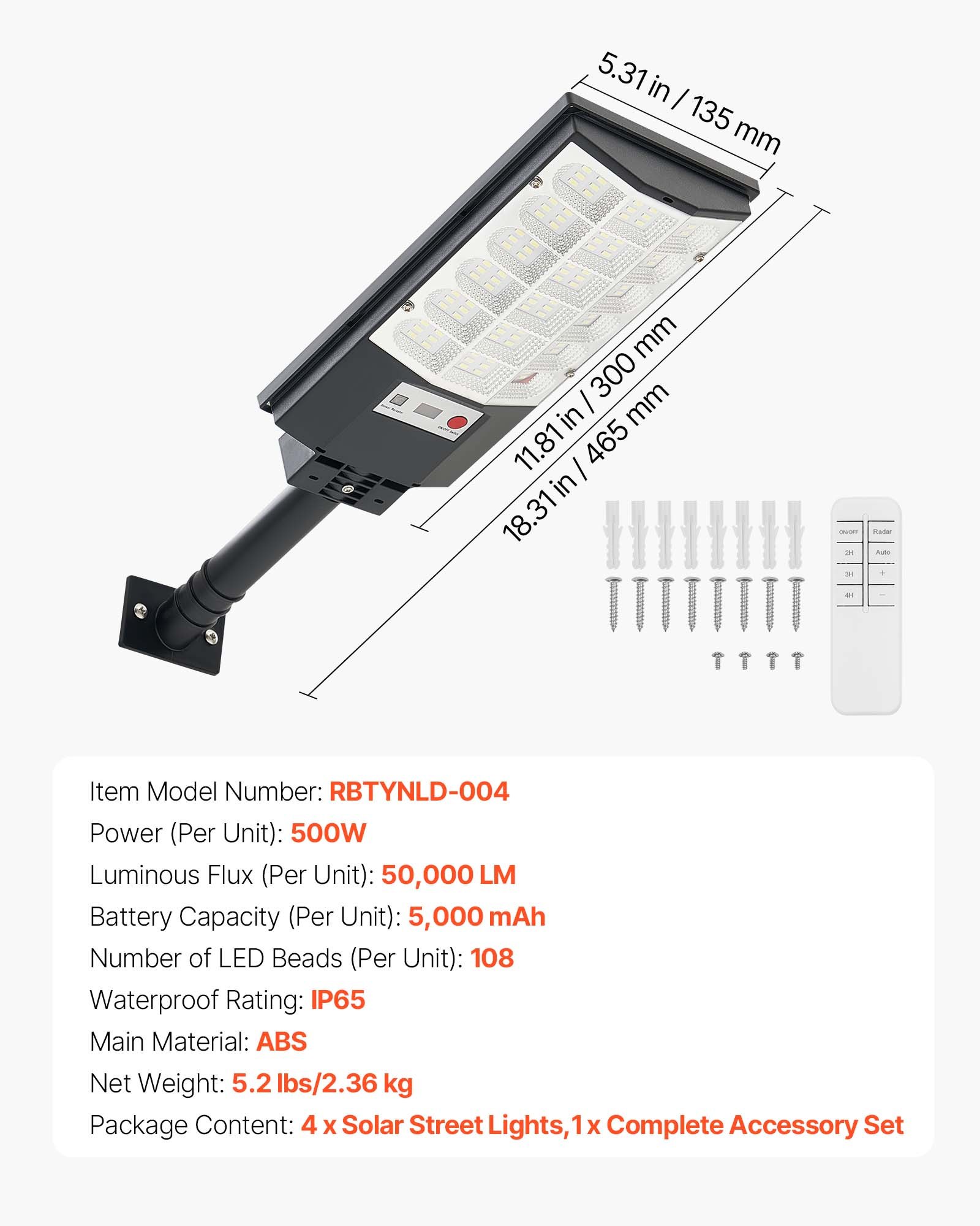 4 kpl 500 W aurinkokatuvalot, 50 000 lm, liiketunnistimella, IP65, ajotielle ja pihaan - Image 8