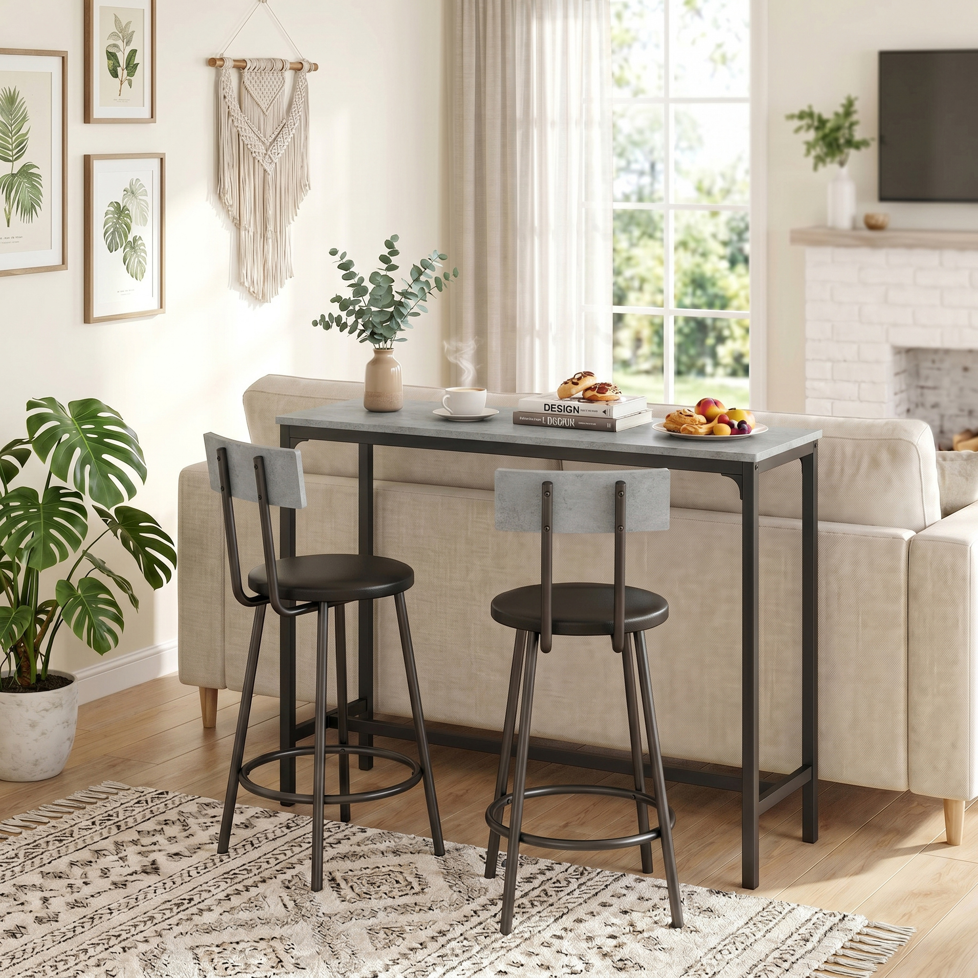 Bāra galda komplekts ar 2 polsterētām taburetēm, pelēks, 100 x 40 x 90,5 cm - Image 9