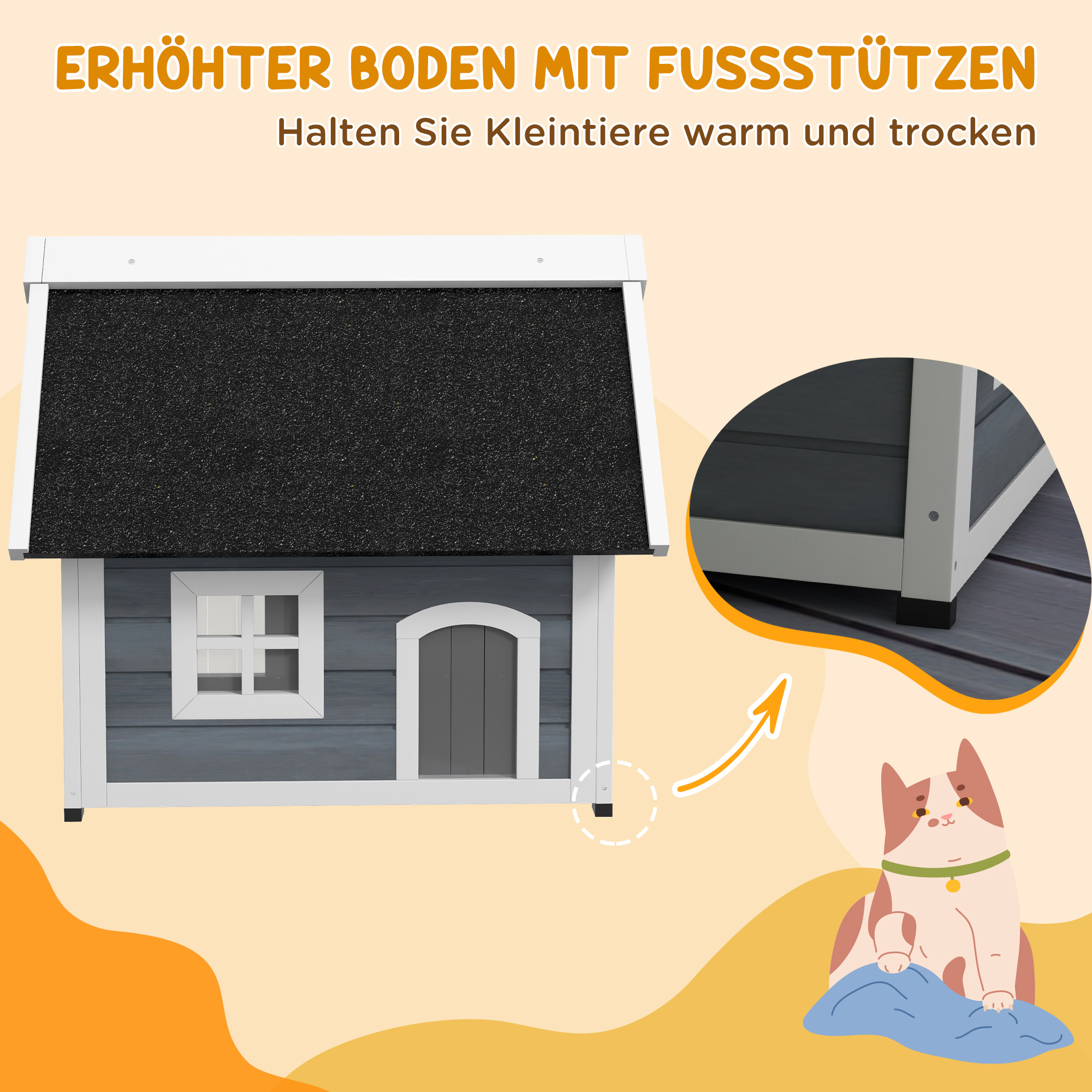 Katzenhaus, izturīgs pret laikapstākļiem, ar logu, 77 x 57,5 x 68 cm, pelēks/balts/melns - Image 8