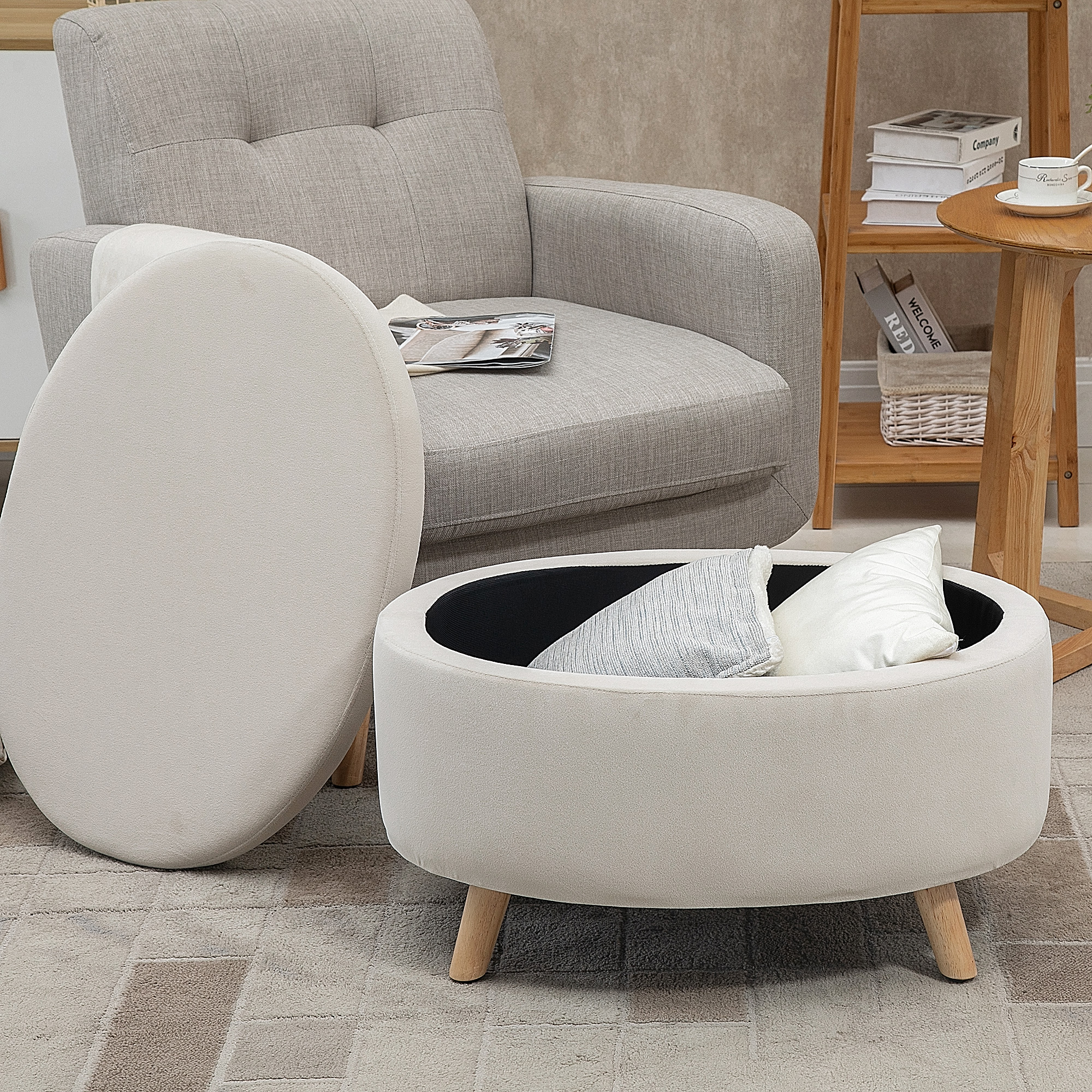 Säilytyslaatikollinen istuinpenkki, ovaali muoto, samettimainen pinta, beige, 71 x 51,5 x 42 cm - Image 7