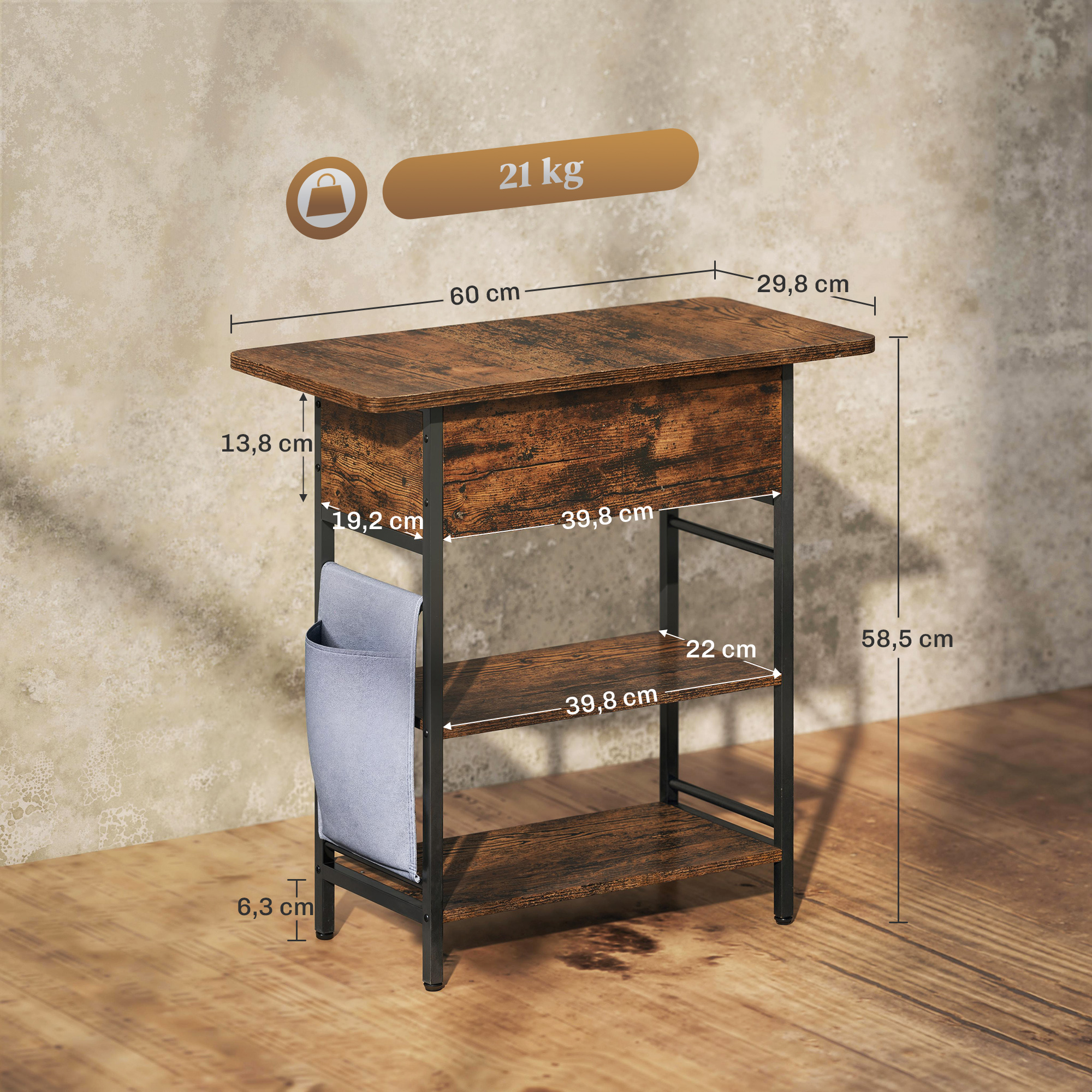 Sānu galdiņš ar uzlādes staciju, 2 līmeņi, USB pieslēgvietas, 60 x 29,8 x 58,5 cm, rustikāli brūns - Image 3