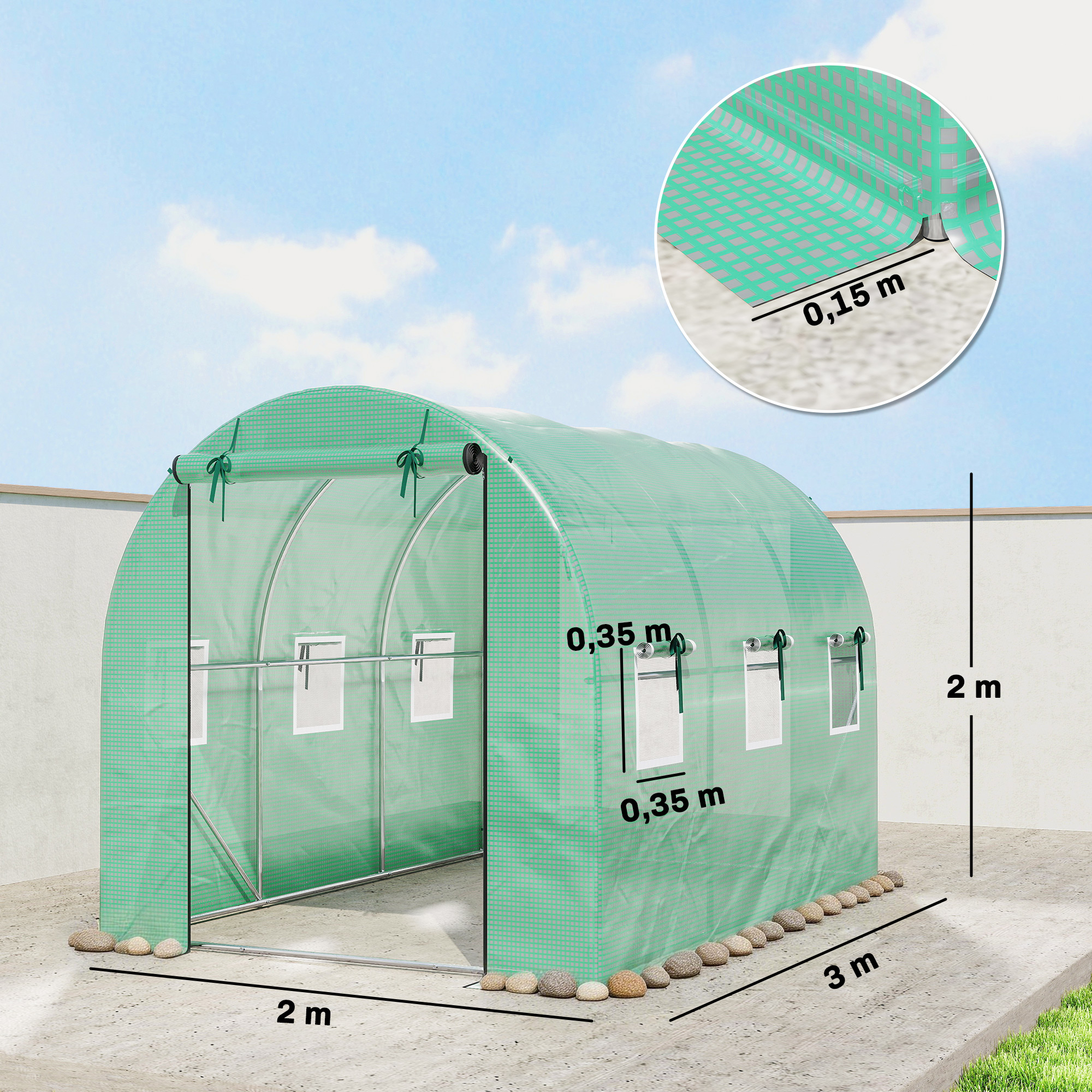 Kasvihuone PE-peitteellä, 3 x 2 x 2 m, vihreä - Image 3