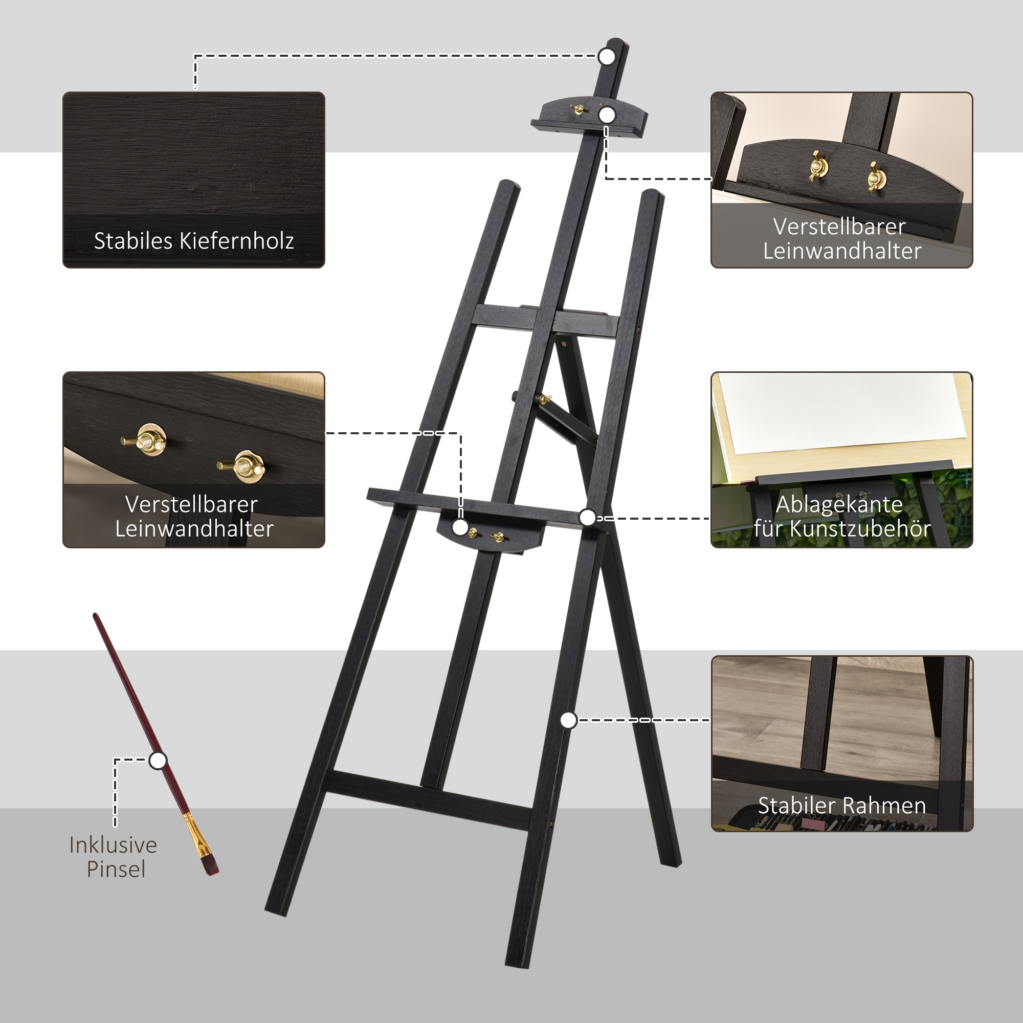 Tapybos molbertas iš pušies medienos, juodas, 134,5 cm, drobėms iki 108 cm - Image 5