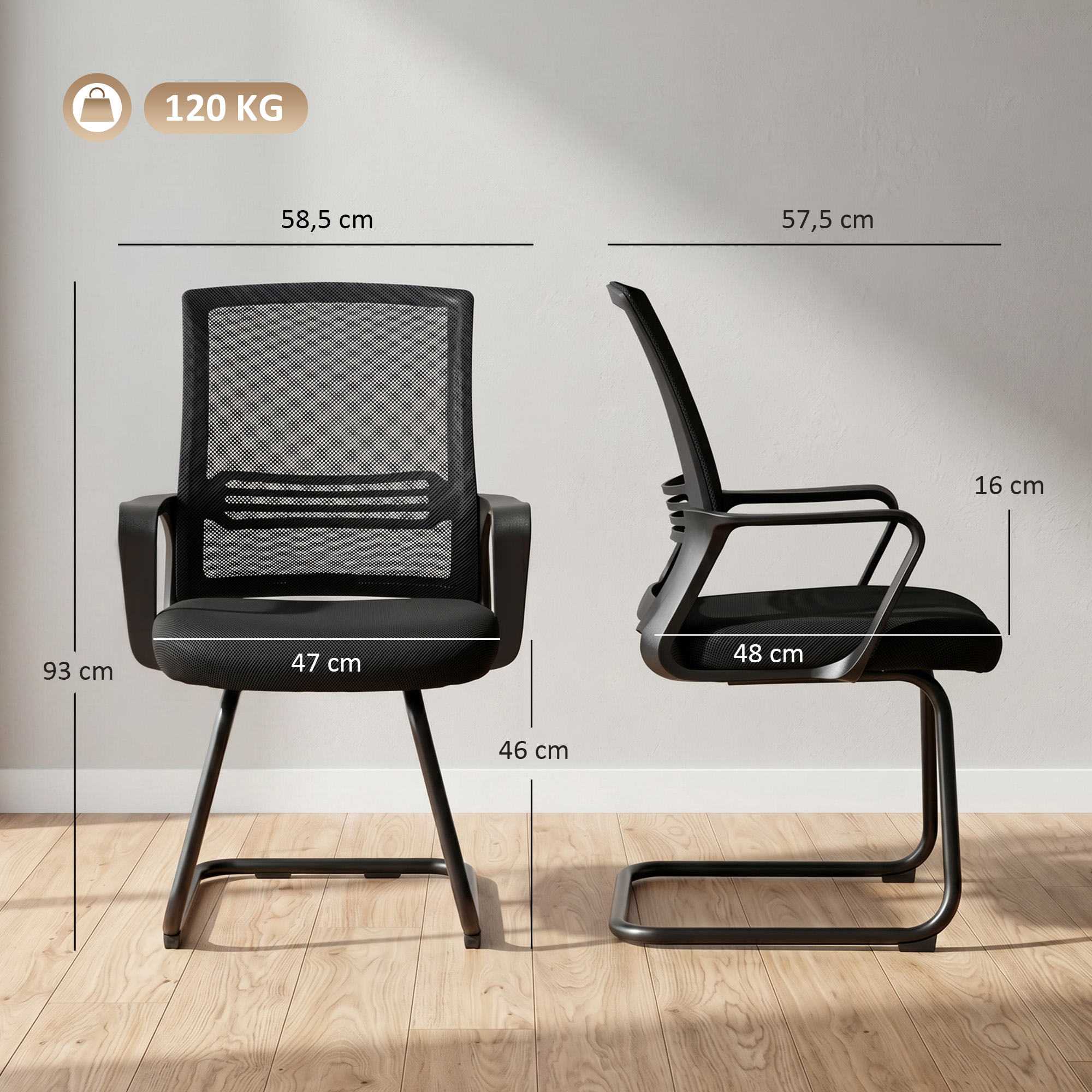 2 konferenssituolin setti, musta, metallirunko, verkkokangas, 58,5 x 57,5 x 93 cm - Image 3