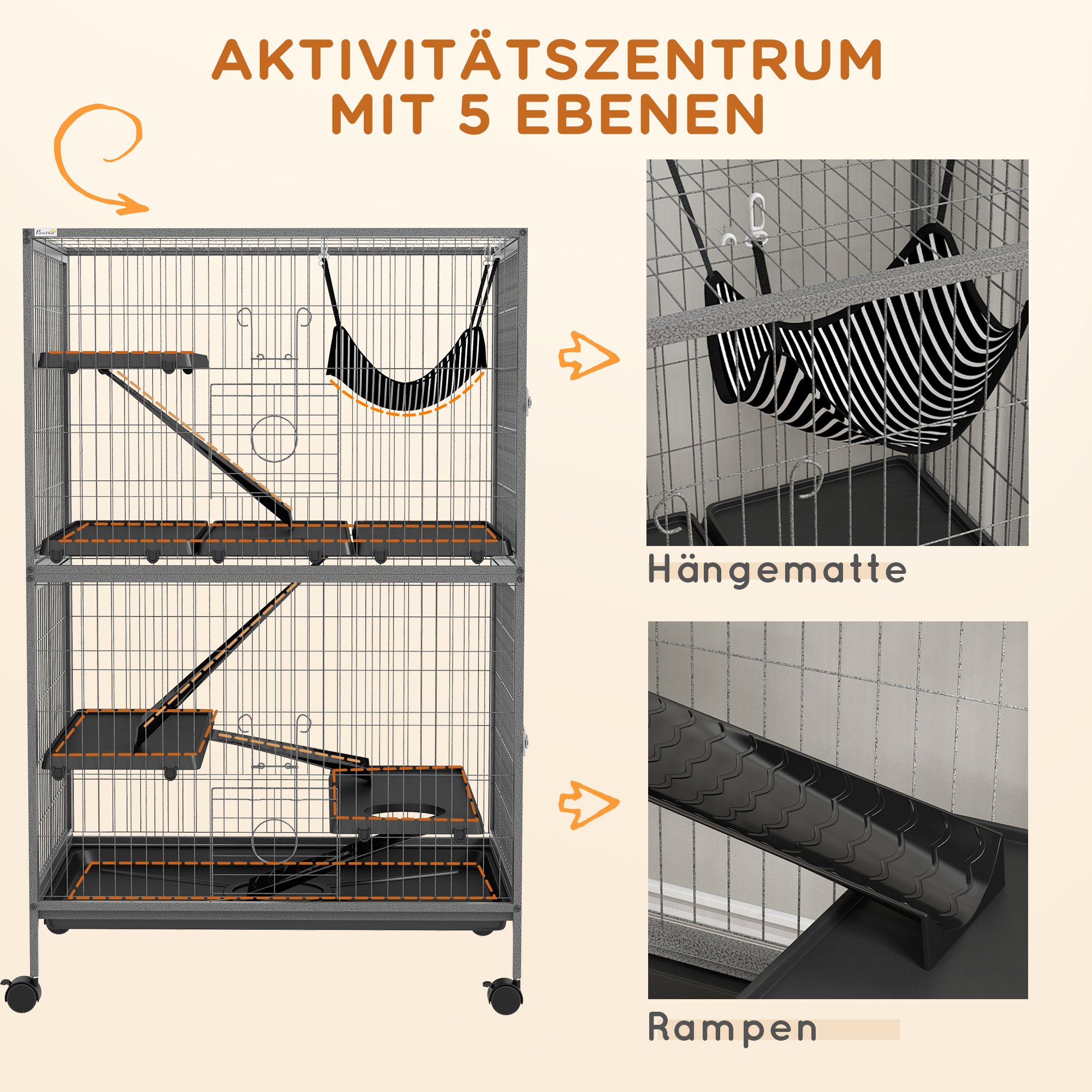 Mazo dzīvnieku būris ar šūpuļtīklu un ritentiņiem, 4 līmeņi, tērauds, plastmasa, pelēks, 80 x 52 x 128 cm - Image 6