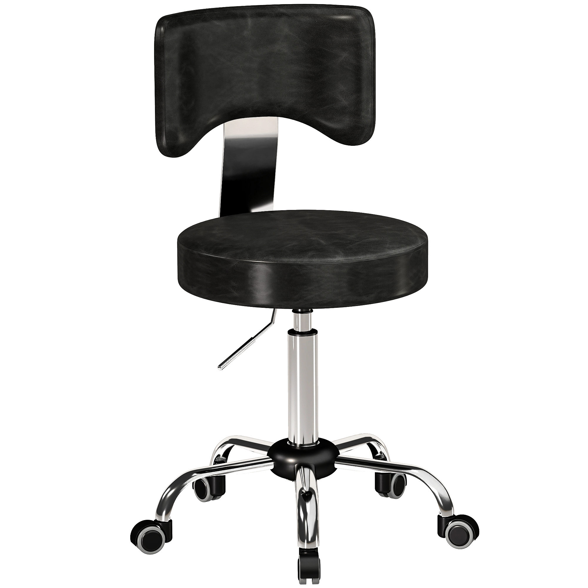 Ratastel taburet seljatoega, PU-kate, must, 47,5-63 cm
