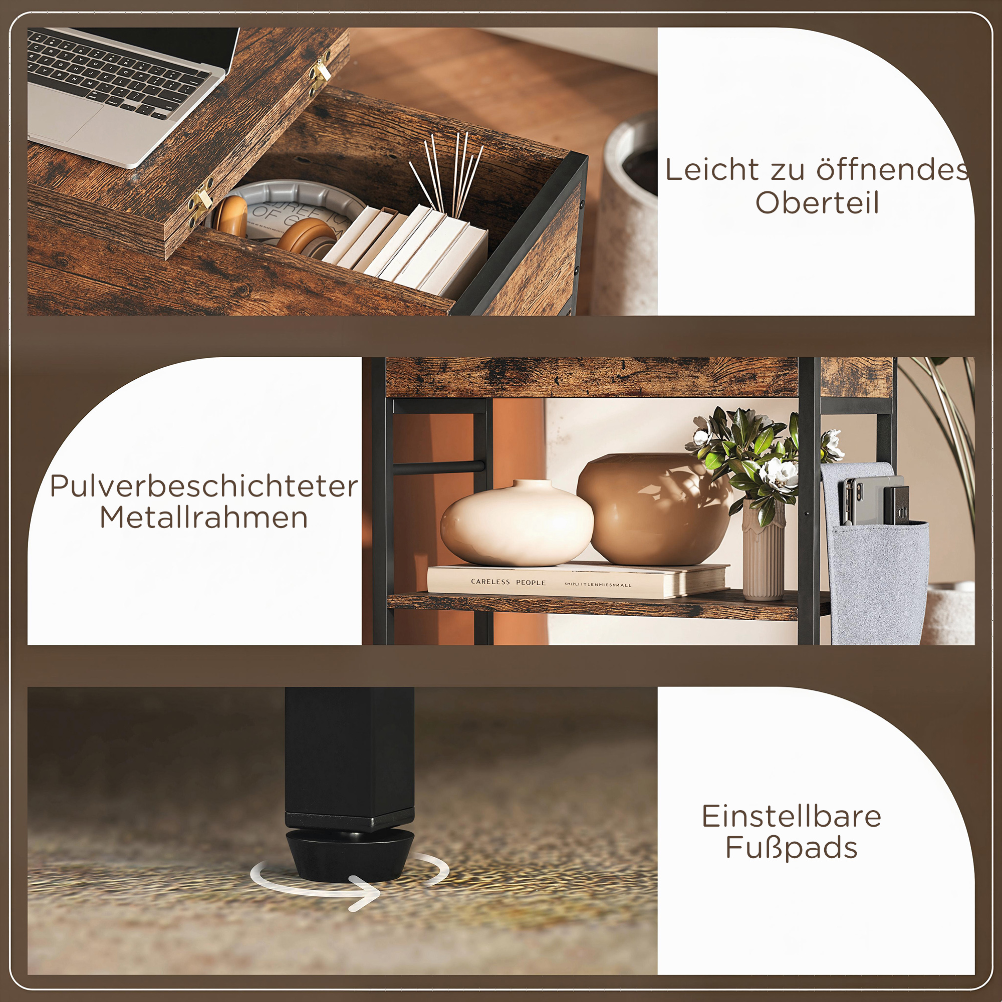 Sānu galdiņš ar uzlādes staciju, 2 līmeņi, USB pieslēgvietas, 60 x 29,8 x 58,5 cm, rustikāli brūns - Image 6