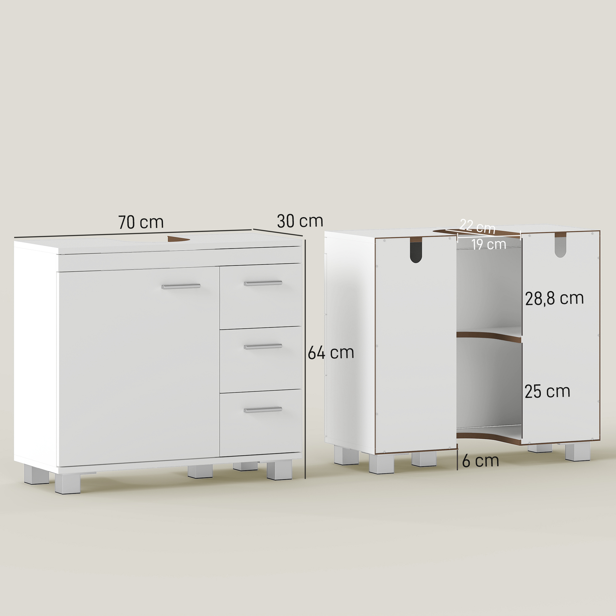 Praustuvo spintelė, 2 lentynos, 3 stalčiai, MDF, balta, 70 x 30 x 64 cm - Image 3