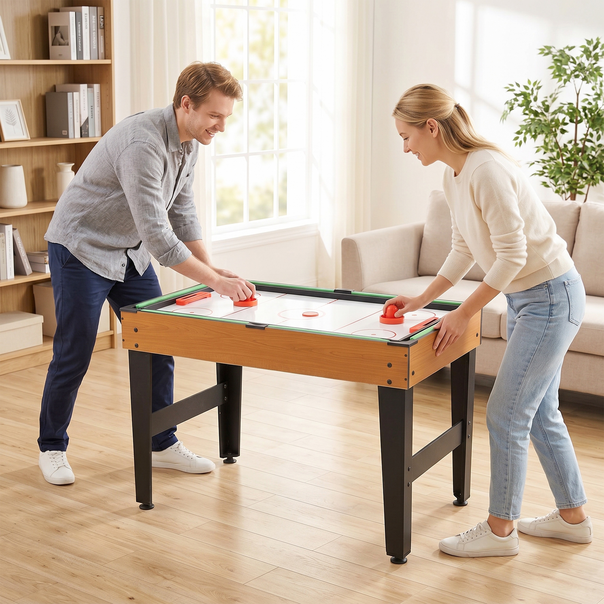 4-in-1 spēļu galds, galda futbols, galda teniss, biljards, galda hokejs, MDF, tērauds, dabīgais koks + melns - Image 8
