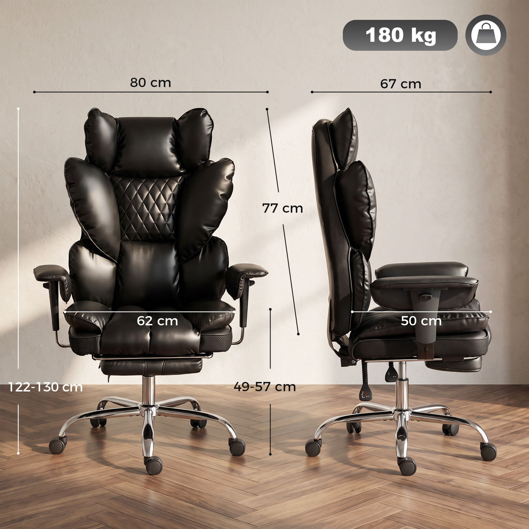 Vadovo biuro kėdė iš dirbtinės odos, juoda, iki 180 kg, 80 x 67 x 122-130 cm - Image 3