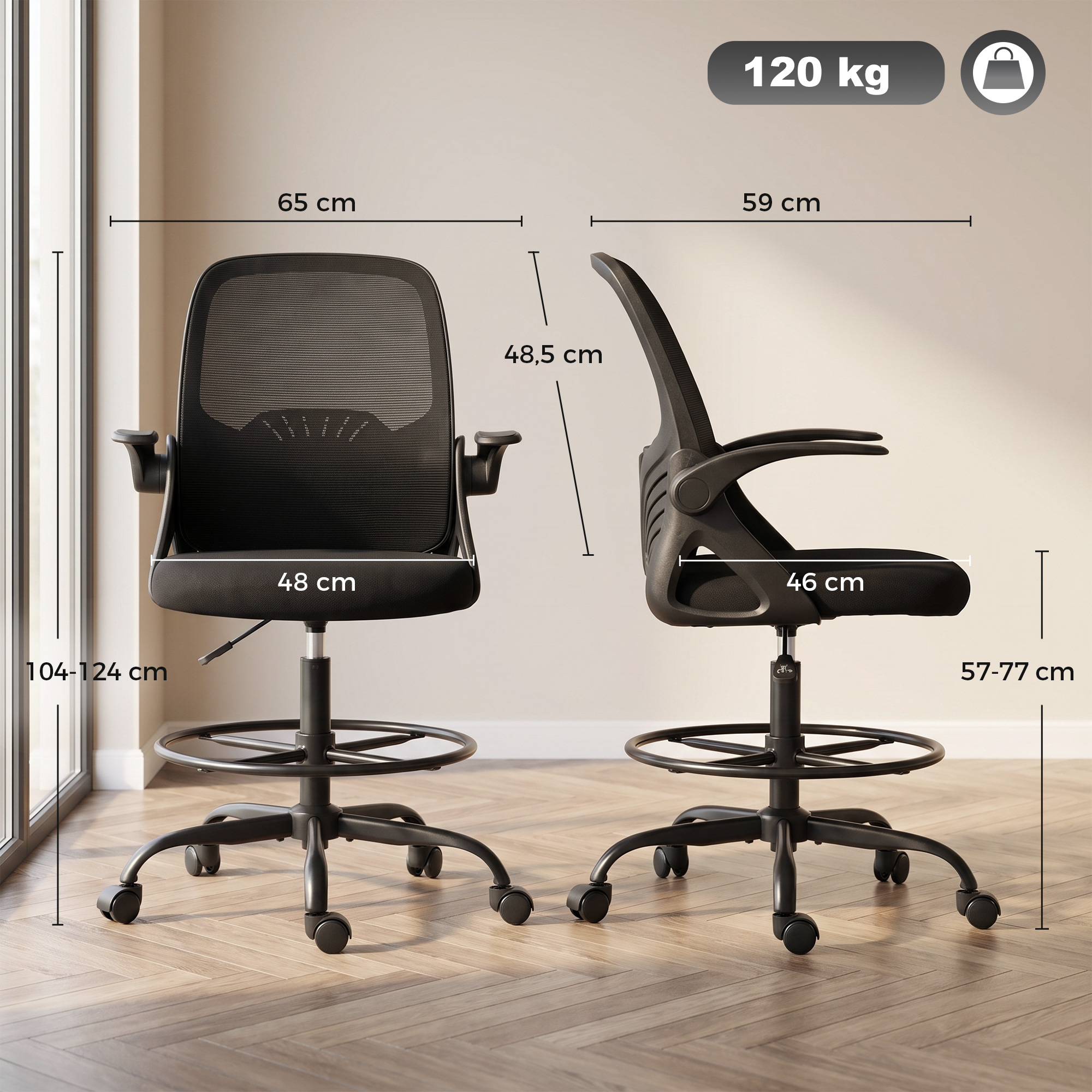 Piirustustuoli käsinojilla, verkkokangas, musta, 65 x 59 x 104-124 cm - Image 3