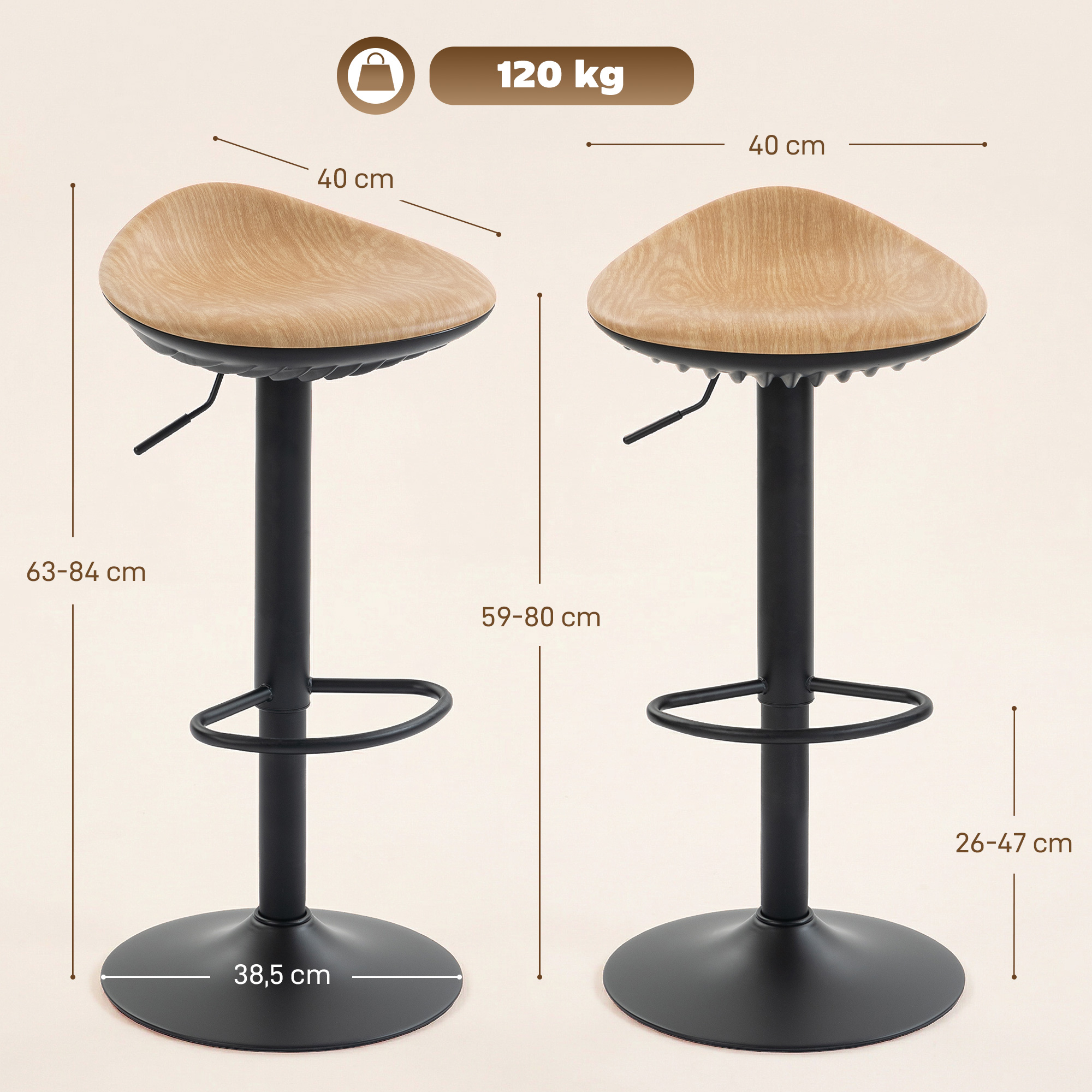 Reguliuojamo aukščio baro kėdės, 2 vnt., pasukamos, ąžuolo ir juodos spalvos, 59-80 cm - Image 3